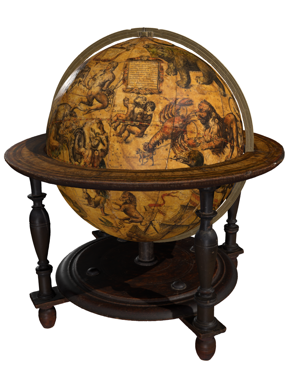Screenshot of a 3D model of an old globe with stars and illustrations on it, with a dark, wooden stand.