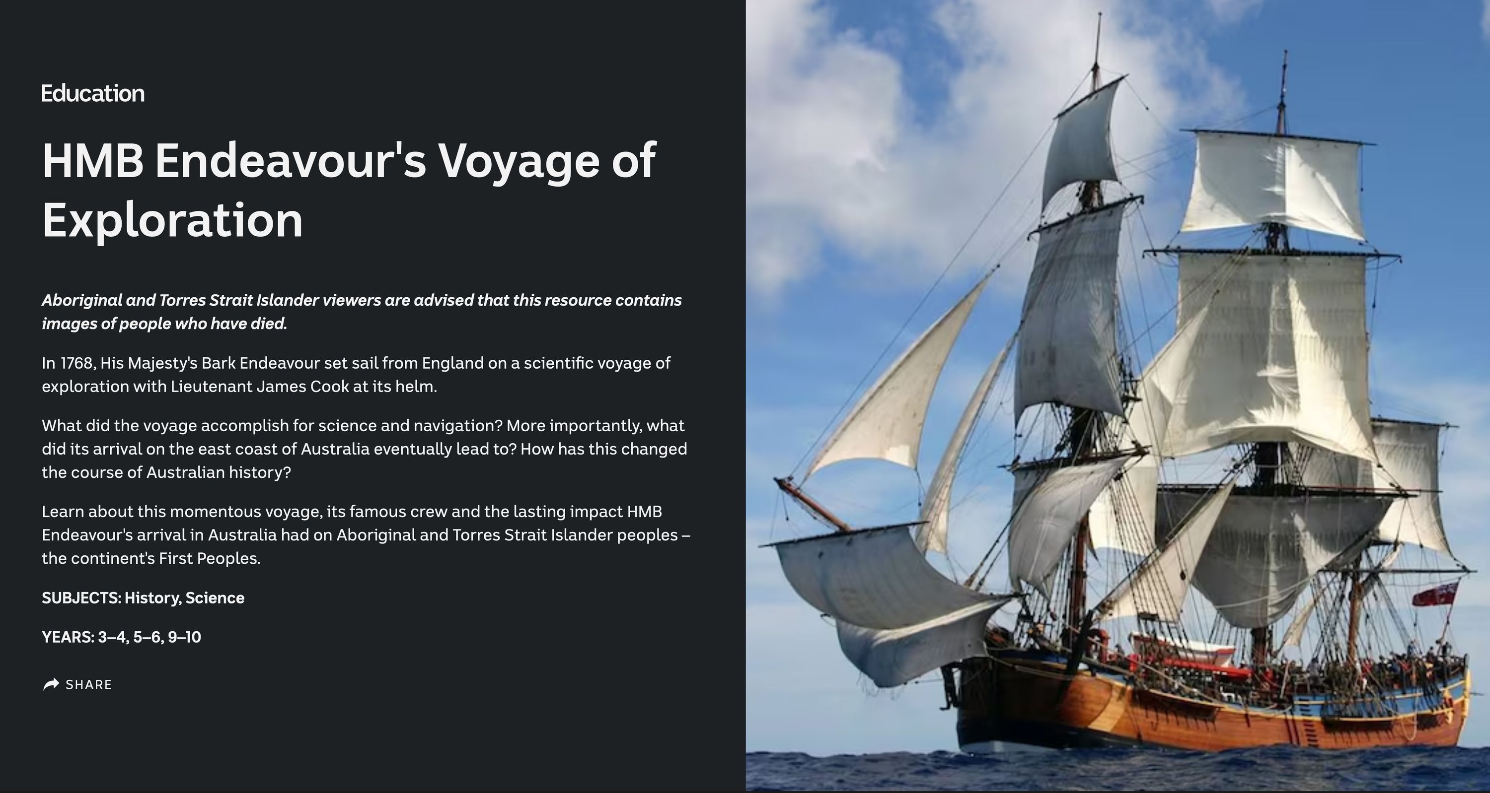 Screenshot of ABC education digibook showing intro text and image of tall ship Endeavour