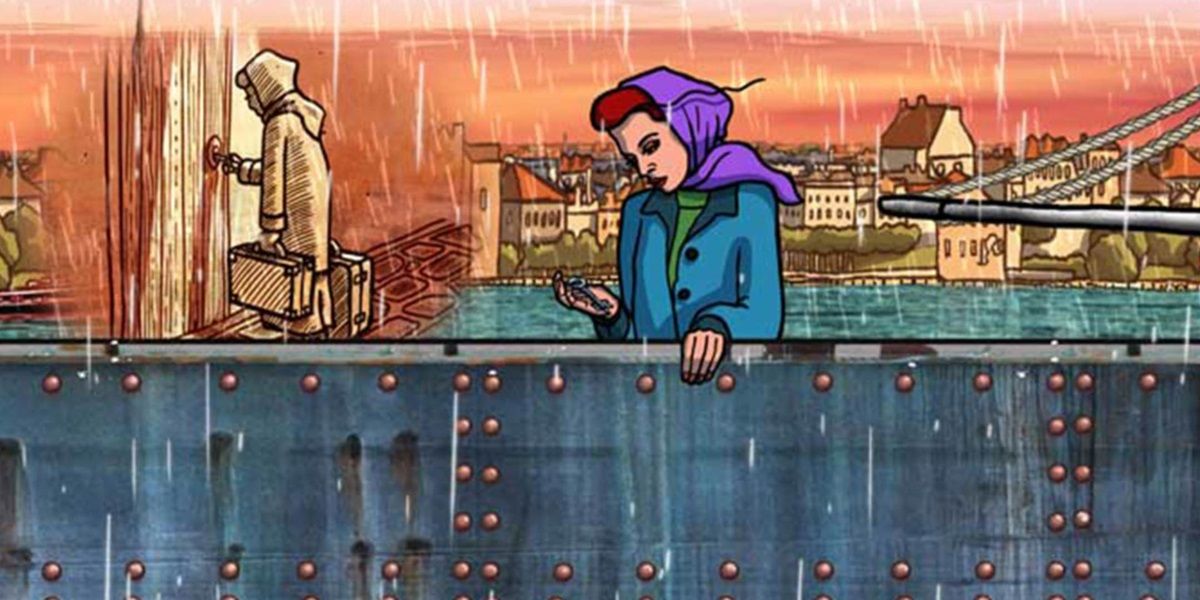 Illustration of a woman wearing a purple headscarf standing on the side of a ship with a city in the background