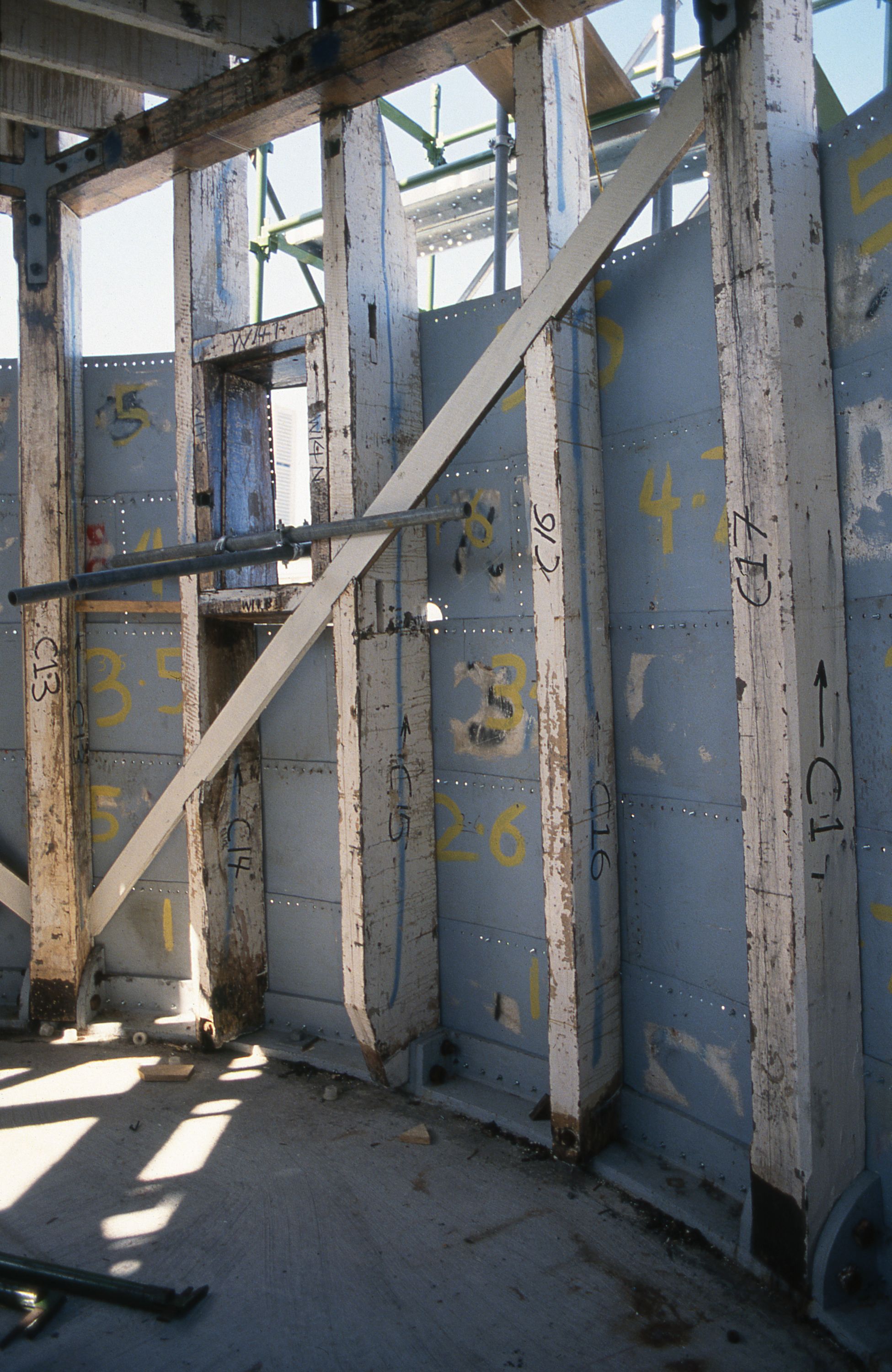 Photo showing wooden beams inside the lighthouse while it was being reconstructed. 