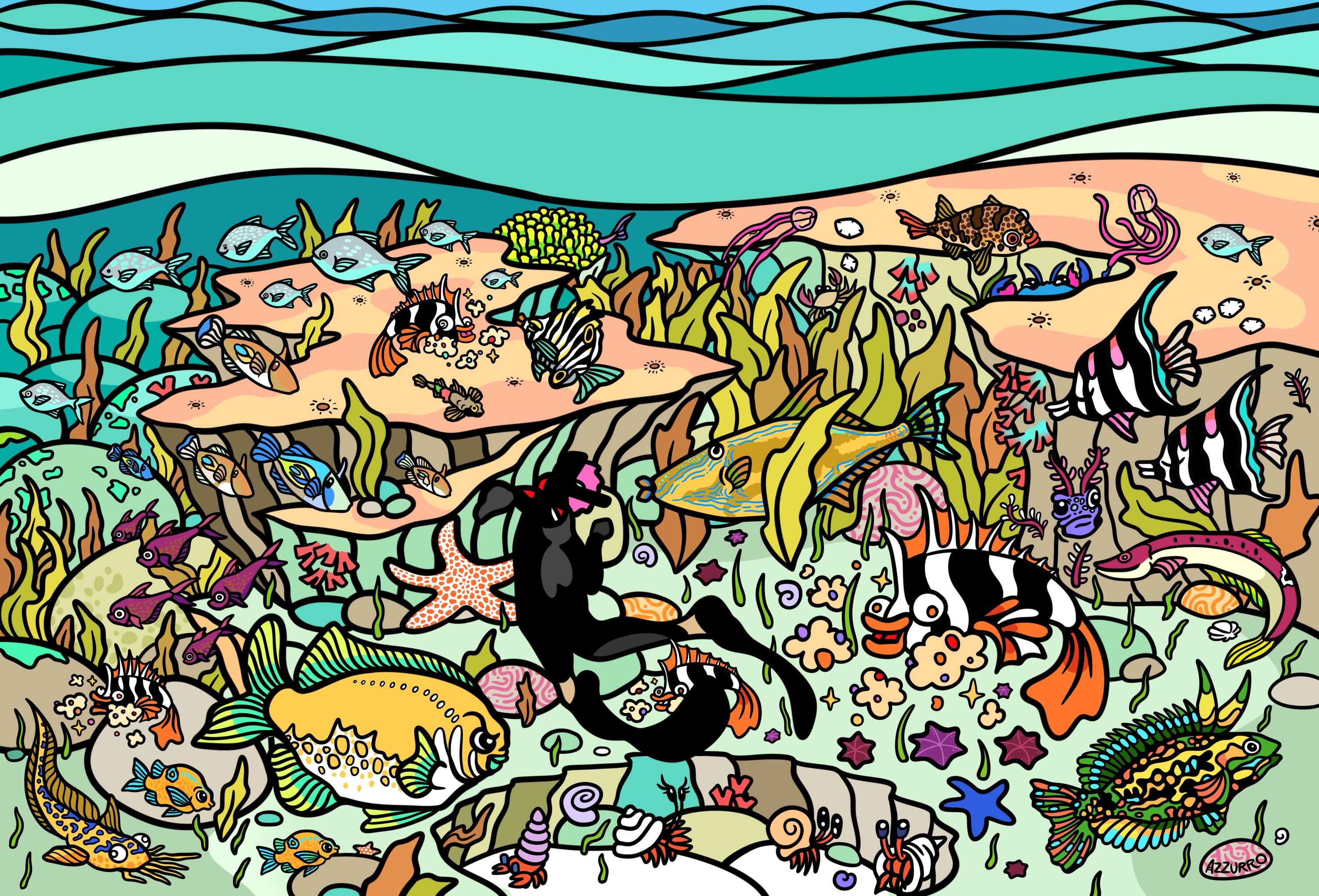 Painted mural showing a colourful underwater scene