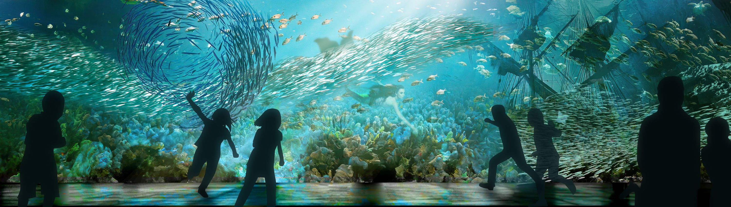 Illustration, with black silhouettes of people in front of an underwaeter image featuring schools of fish and a shipwreck. 