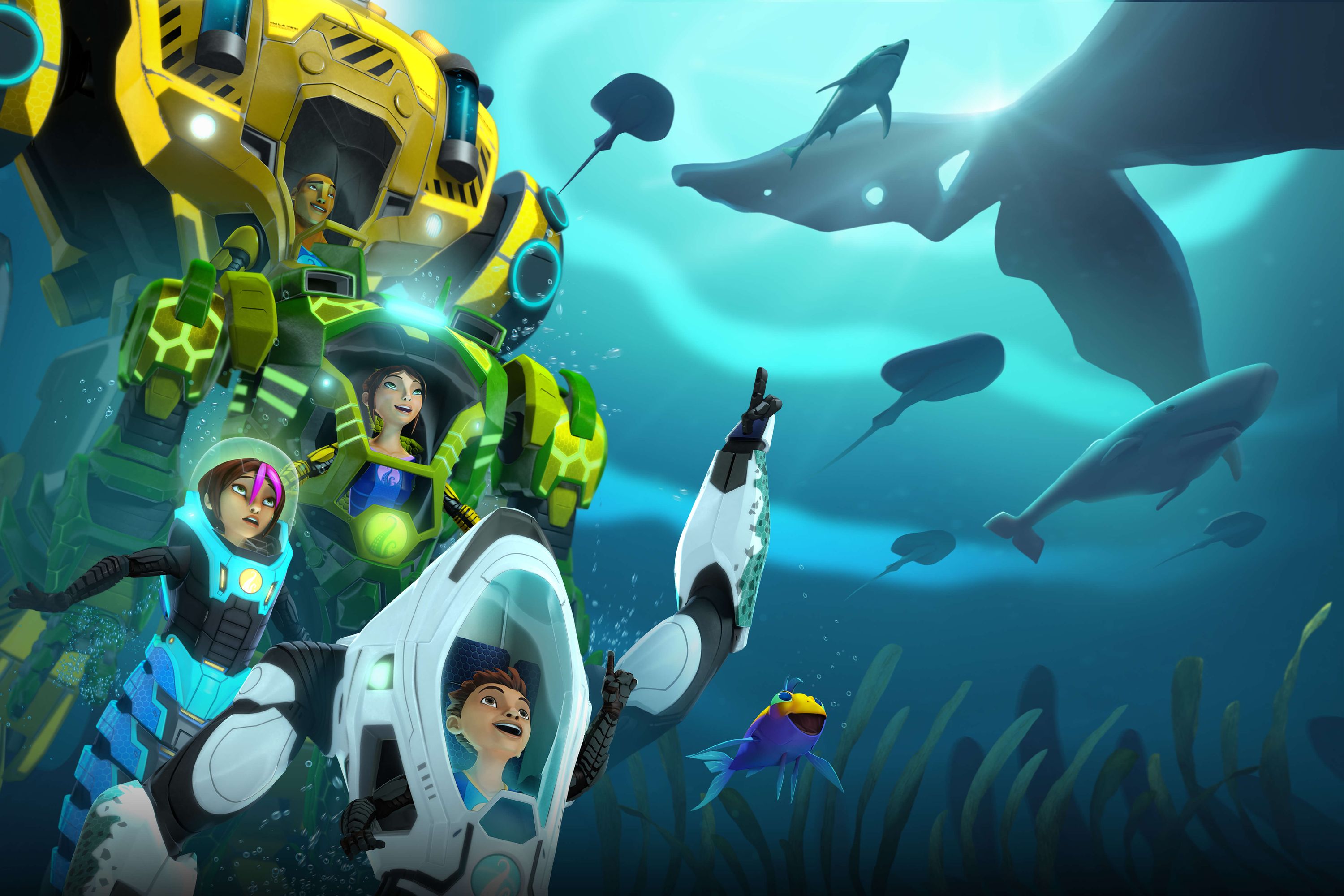 Screenshot from the Deep TV show showing a family of 4 diving underwater wearing mechanical suits