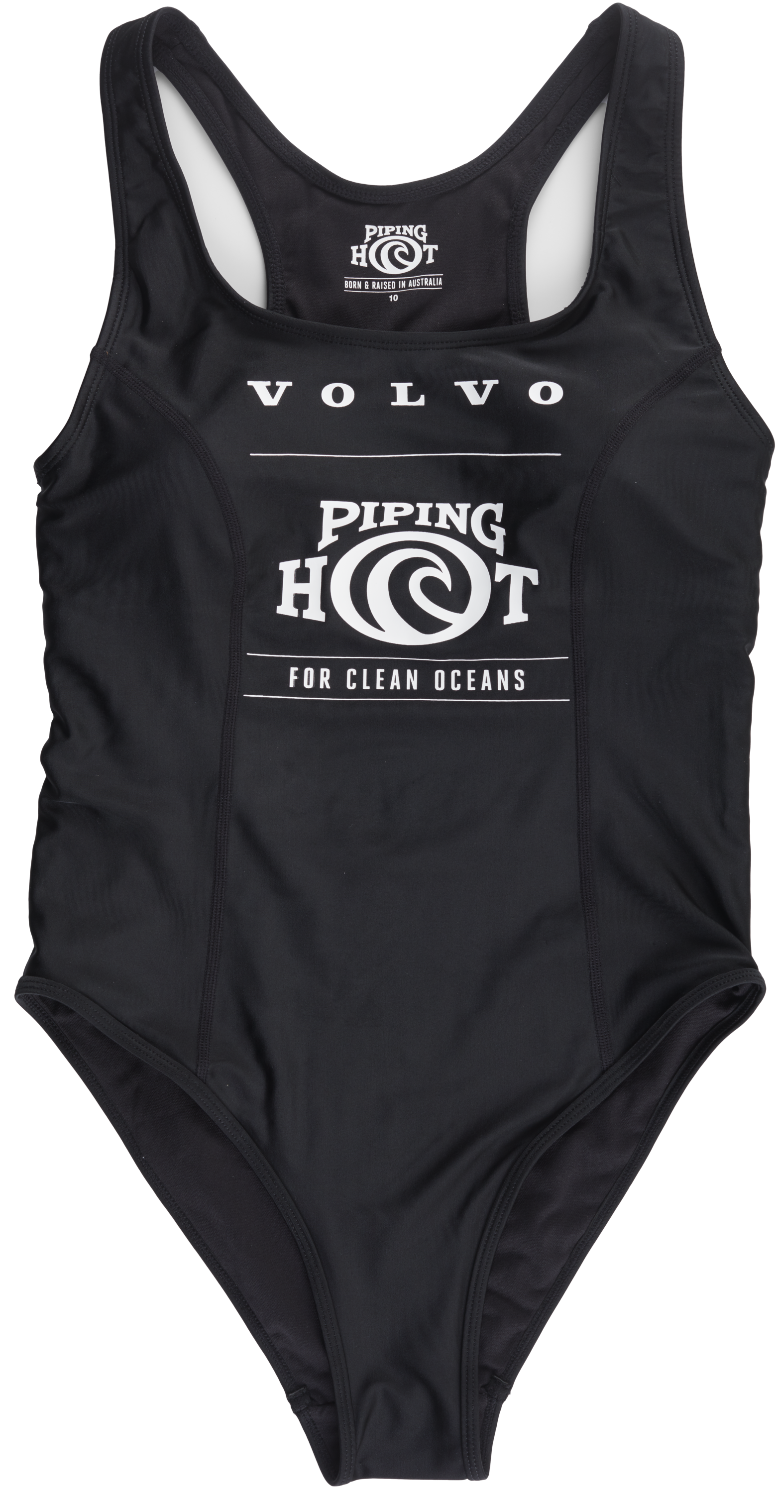 photo of a Black one piece women’s swimsuit, with white printed inscription reading ‘Volvo Piping Hot for Clean Oceans’.