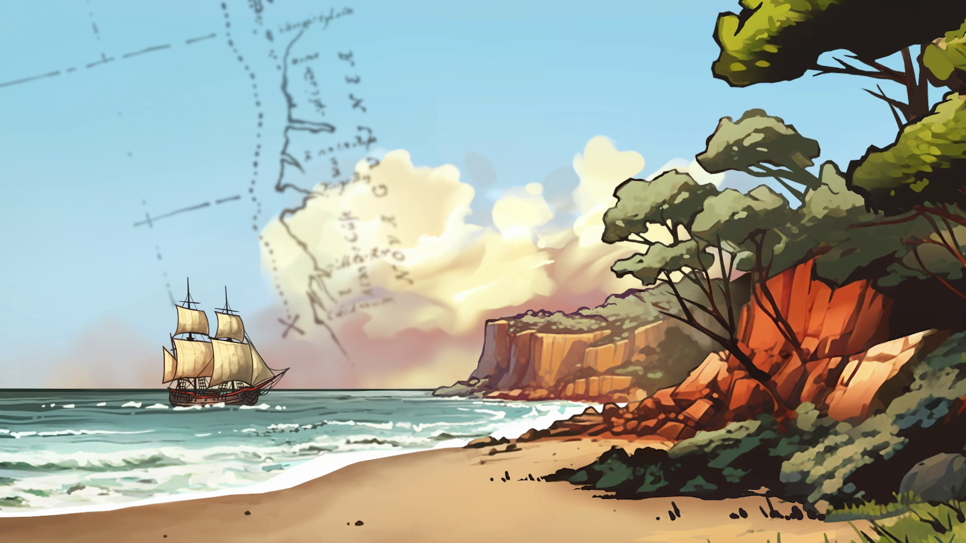 Illustration showing a tall ship sailing alongside a coastline