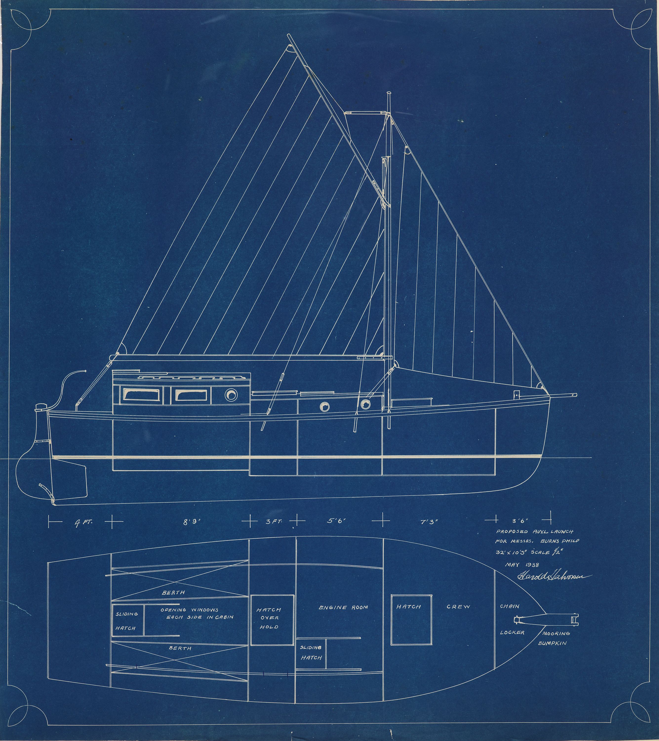 Blueprint of a general arrangement plan drawing, consisting of an outboard profile and deck plan of a sailing boat. 