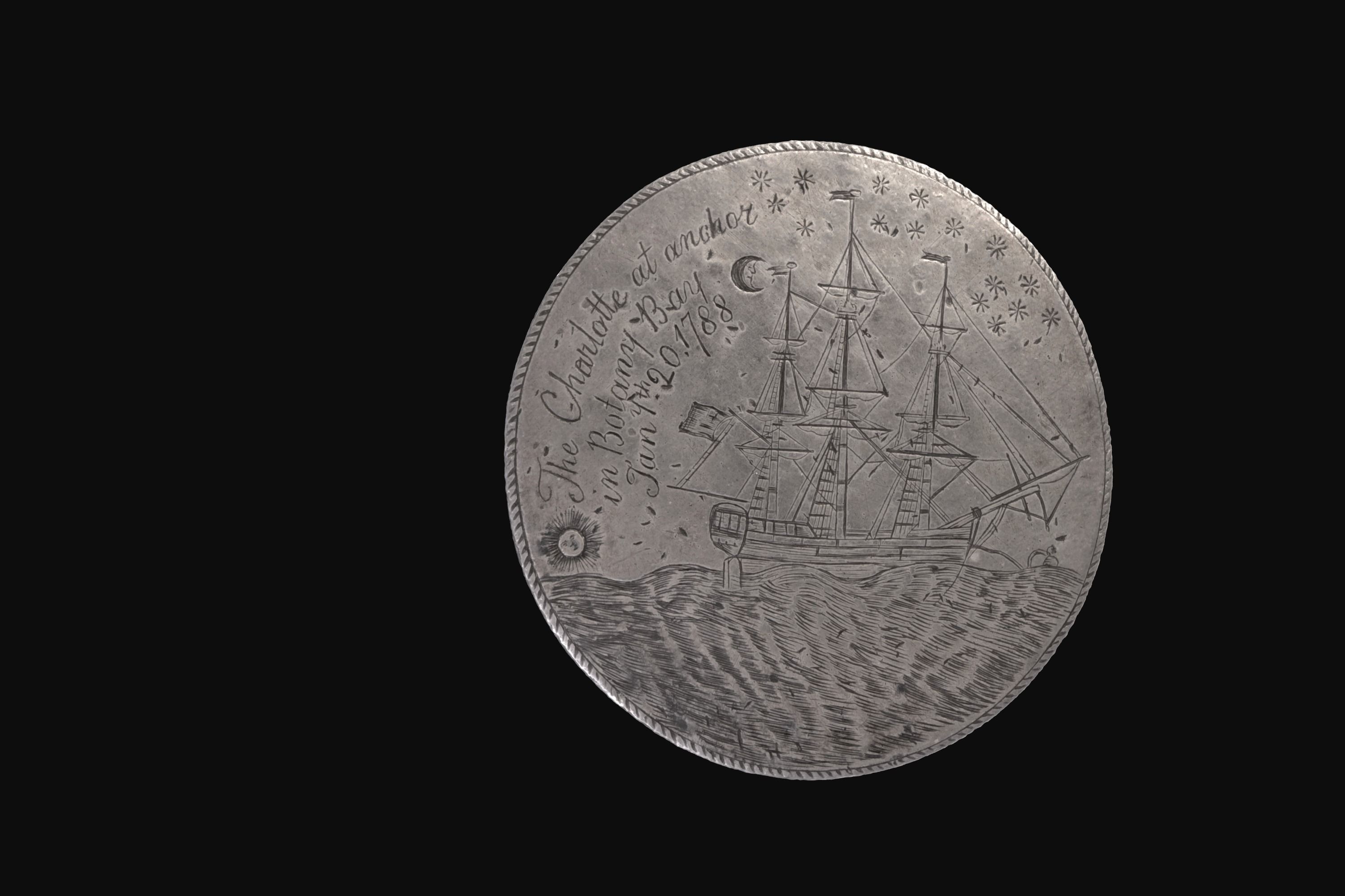 Image of 3D model of the charlotte medal; a flat silver disk with an engraving of a tall ship.