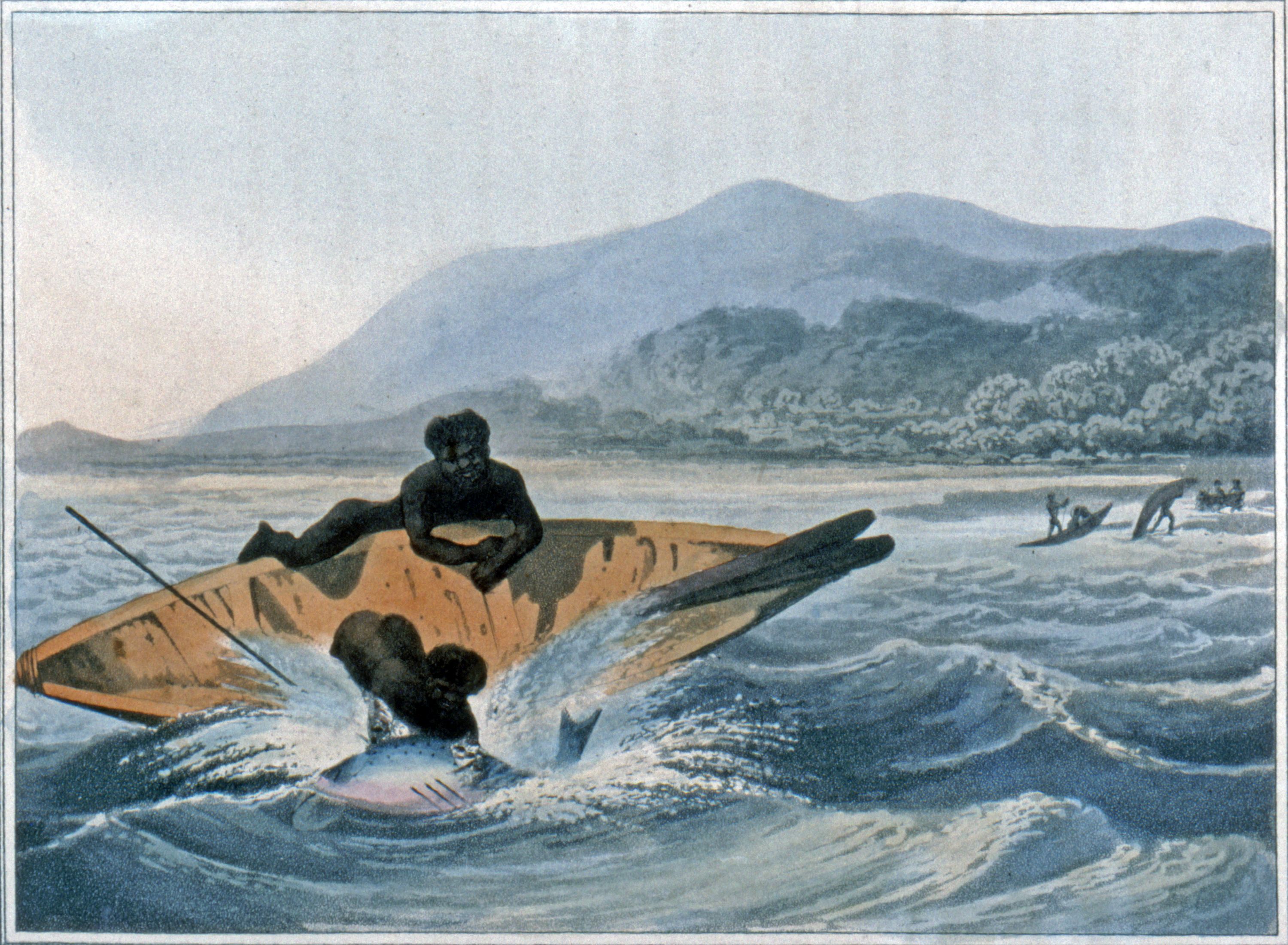 Artwork depicting the spearing of a fish by two Aboriginal men in a canoe.