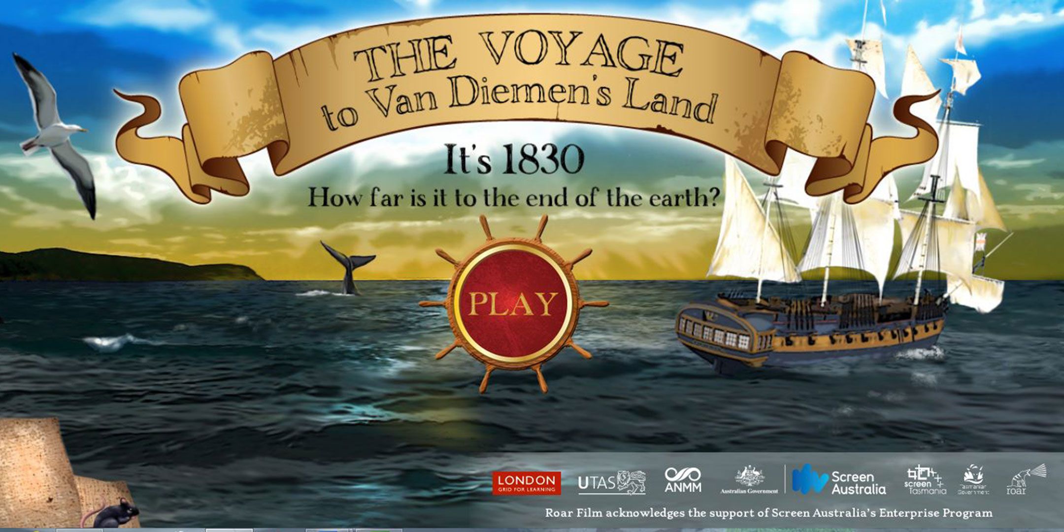 A screen shot of the opening screen of a video game, with a banner saying "the voyage to Van Diemen's Land" and a large red "play' button 