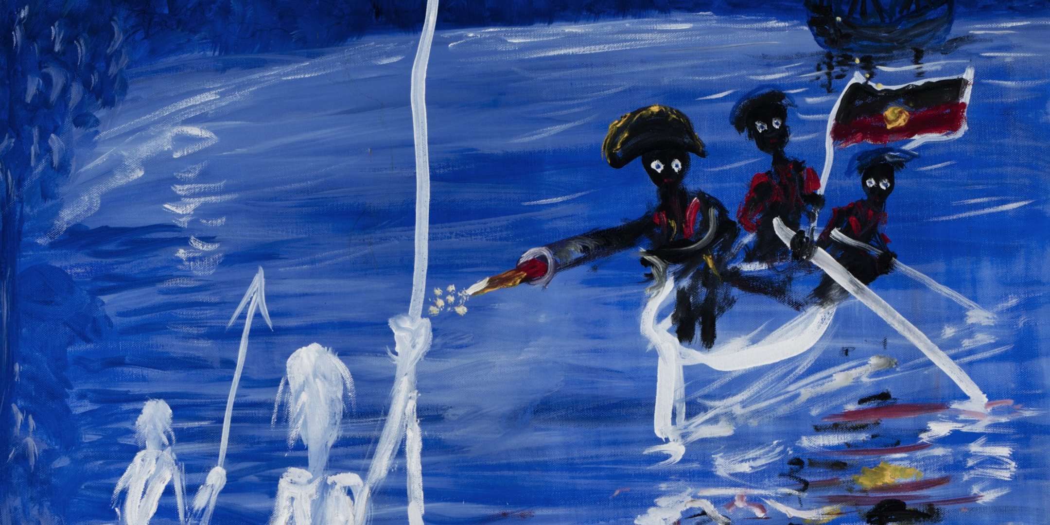 Painting depicts a small boat arriving in Botany Bay, at night, full of black soldiers wearing the Royal Navy military red coats and flying the Aboriginal flag, approaching shore and firing guns at the white people standing in the shallows.