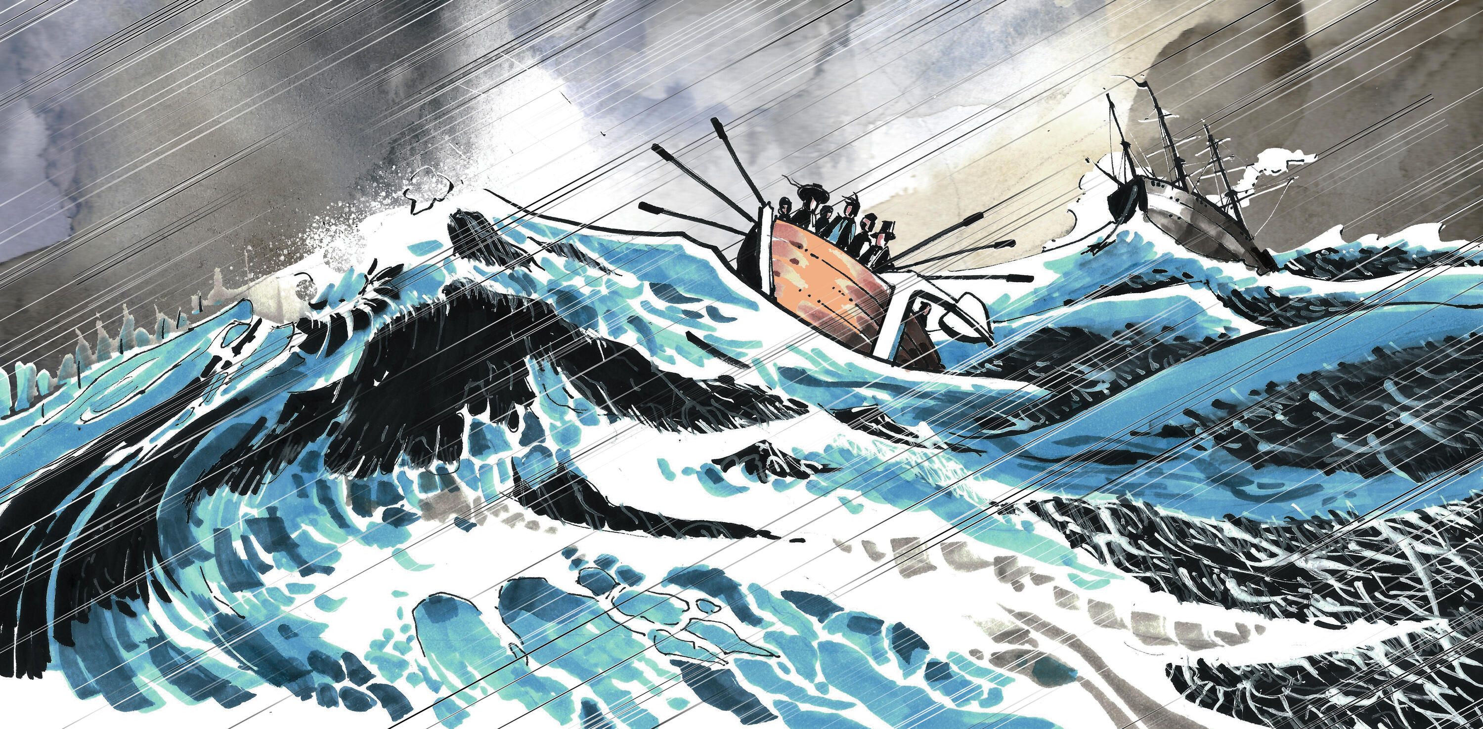 Artwork showing a small rowing boat on a story sea with large waves.