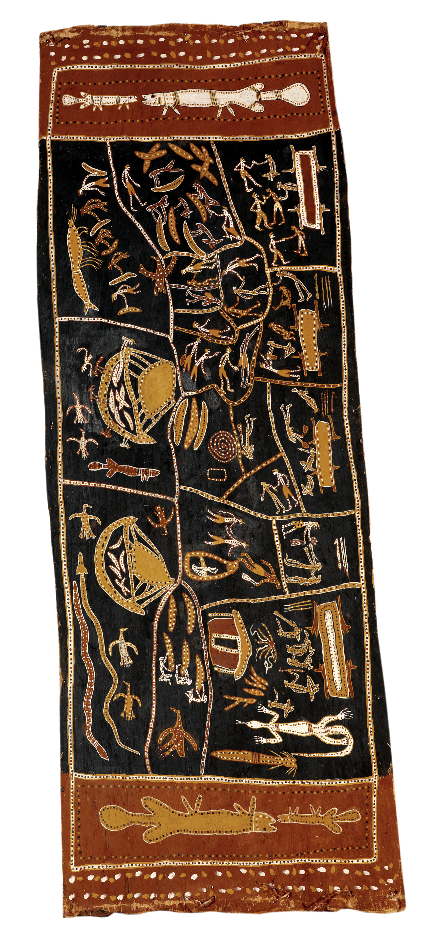 Bark painted with coloured ochres, divided into 12 sections and showing trade between Aboriginal communities and Makassan fishermen.