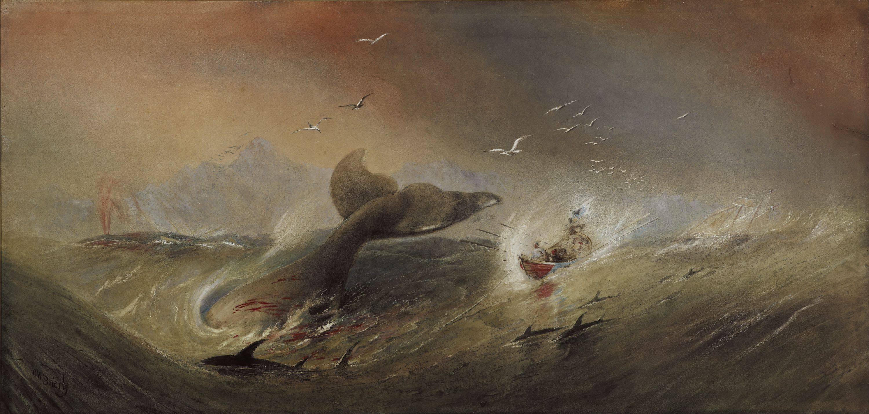 Watercolour paining depicting a dramatic 19th century whaling scene, with  many small boats and a large whale tail in a rough sea. 