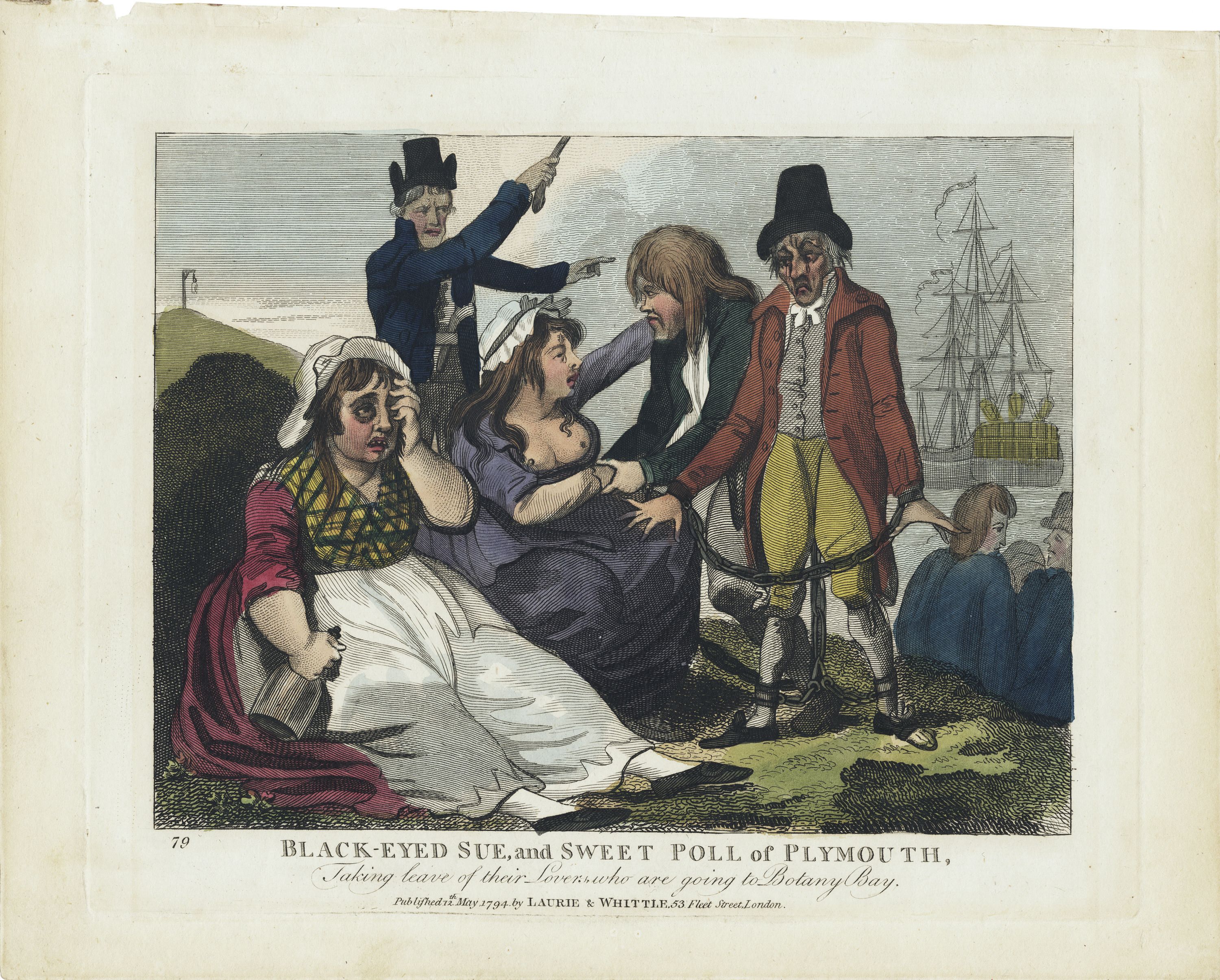 hand coloured satirical engraving depicting two disreputable women taking leave of their equally disreputable lovers.