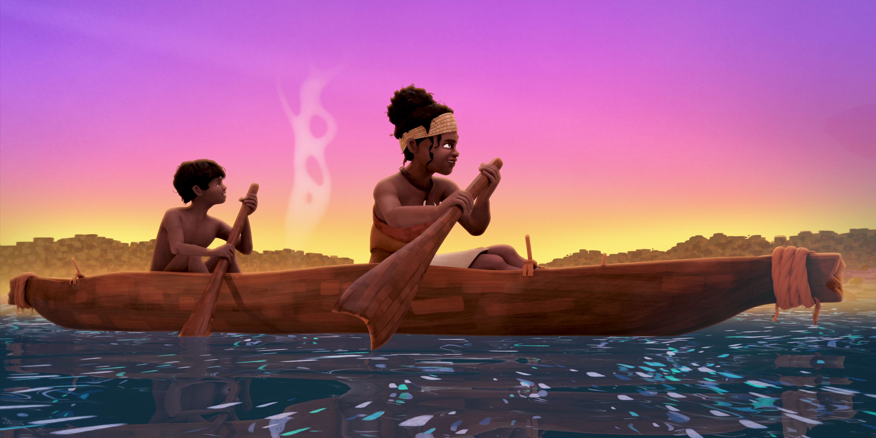 Still from animation, an Aboriginal boy and his mother paddle a Nawi (bark canoe) with a pink sky behind them.