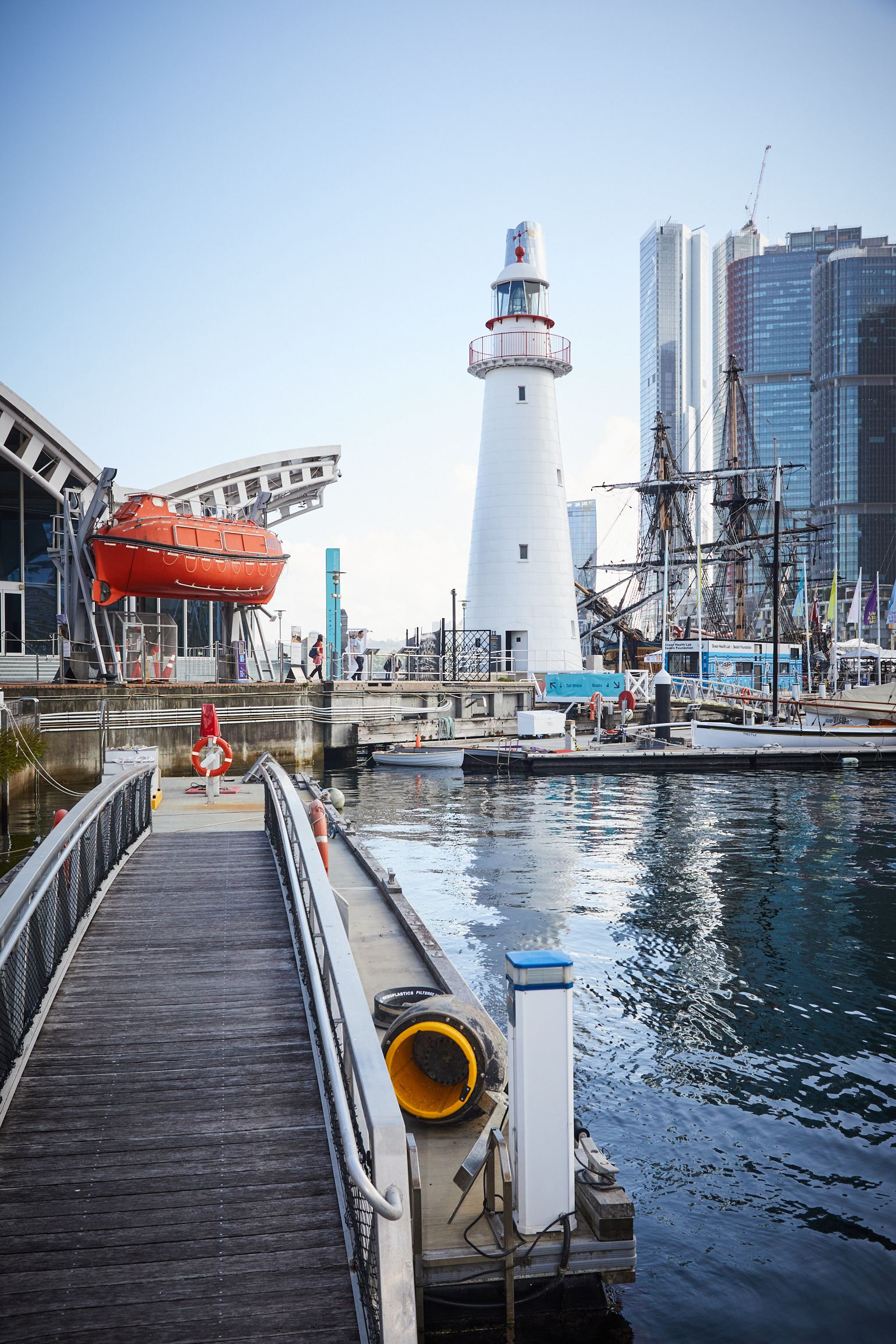 Photo of the museum waterfront showing the lighthouse and vessels. 