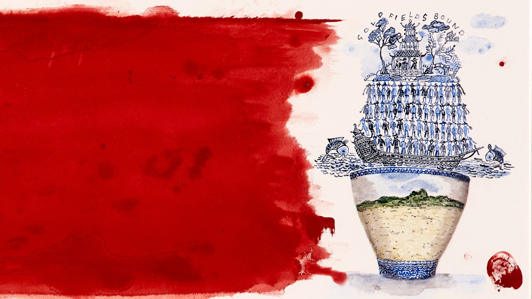 A painting, with the left two thirds painted red. On the right side, there is a painting of a bowl with a landscape on it, with blue patterns on the top and bottom rims. Above the bowl, there is a boat carrying four overlapped lines of people painted in black and blue, who are wearing triangular hats. To the sides of the boat, there are two jumping fish. There is an inscription that reads ‘Gold Fields Bound’.