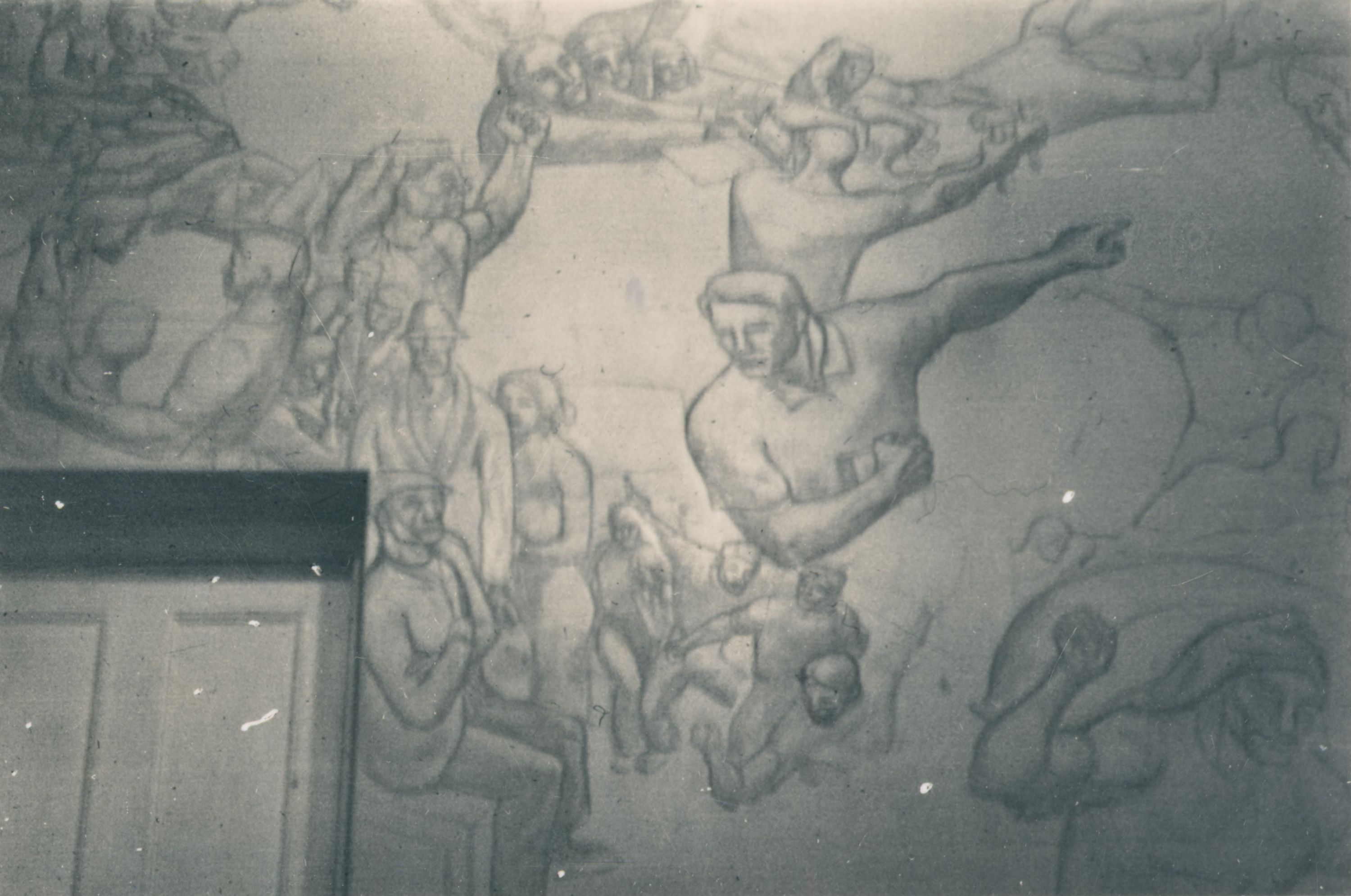 Black and white photographic print shows detail of the sketch outline of part of the 'Wharfies Mural' at the Waterside Workers Sydney branch.