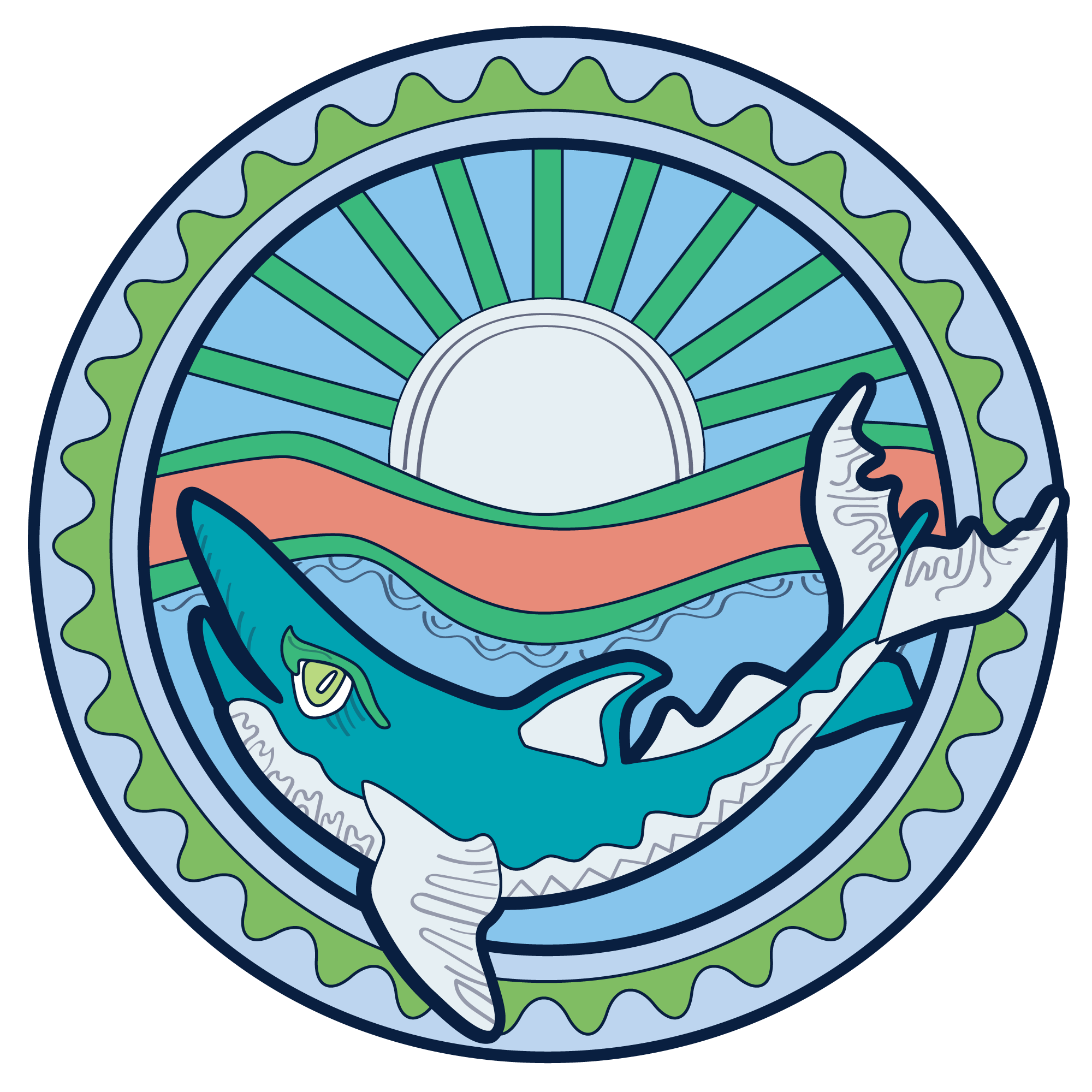 Illustration of a whale at the surface of the water with a sun shining.