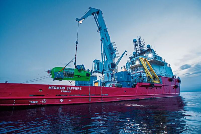 Photo of a large ship with a crain lifting a yellow/green sub out of the water