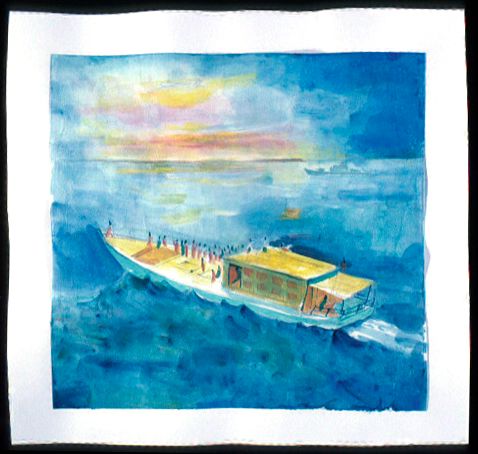 Watercolour artwork showing a yellow fishing boat on a blue ocean