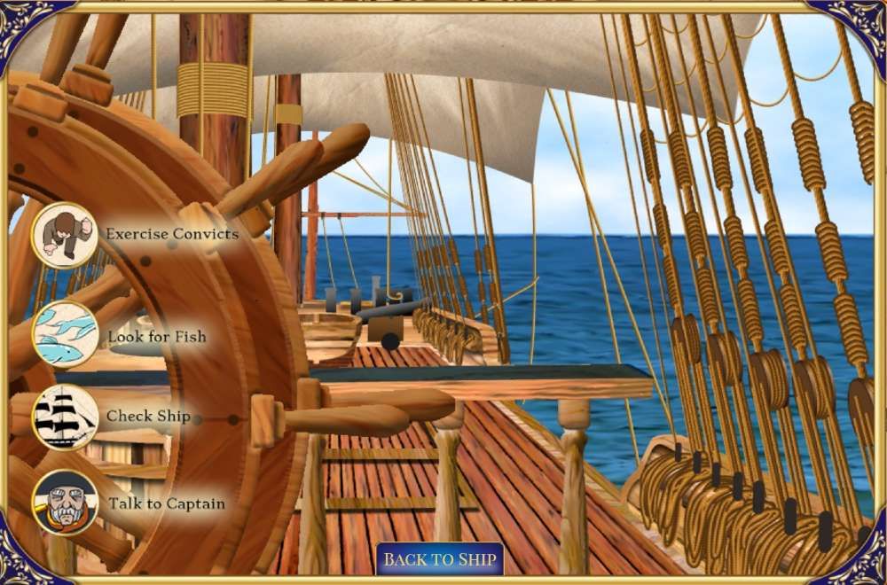 Screenshot from a computer game showing the deck of a tall ship at sea. 