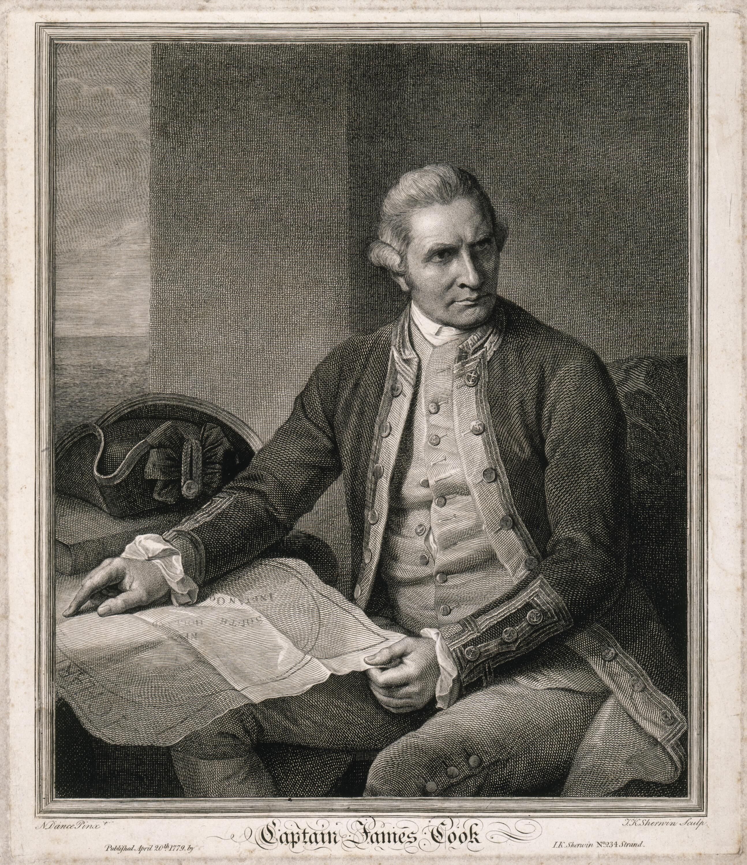 Black and white engraving showing a man wearing a military jacket, seated and holding papers.