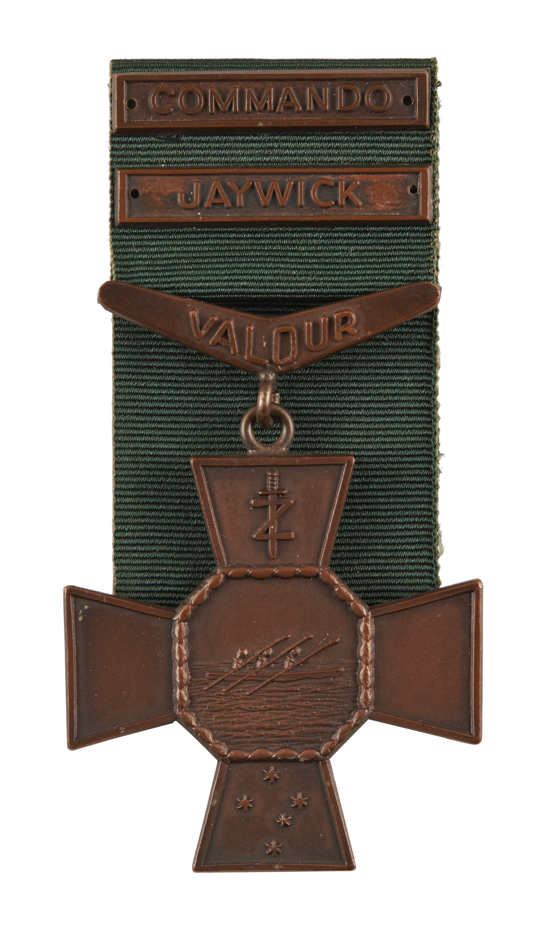Commando Association Cross of Valour, comprising a bronze cross featuring three canoeists embossed at its centre. An embossed rope surrounds the medal’s periphery,  and a ‘Z’ pierced by a dagger and the Southern Cross are embossed on the top and bottom of the cross, respectively. The cross is suspended from a boomerang with the word ‘VALOUR’ embossed on it. The green ribbon features two clasps, one each with the embossed word 'JAYWICK' and 'COMMANDO'. The reverse of the medal is engraved with the name 'H.C.