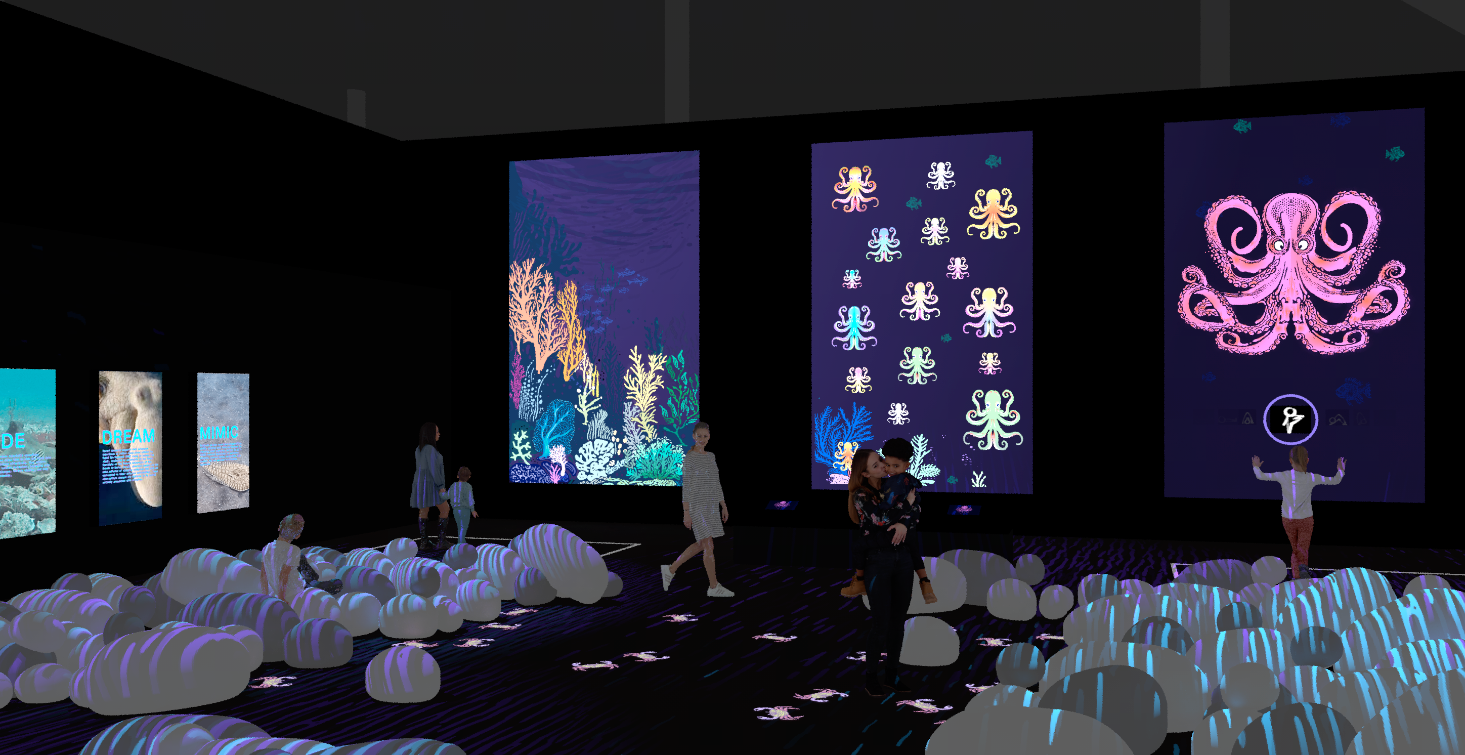 3D render of a museum exhibition space with large screens and lights. 
