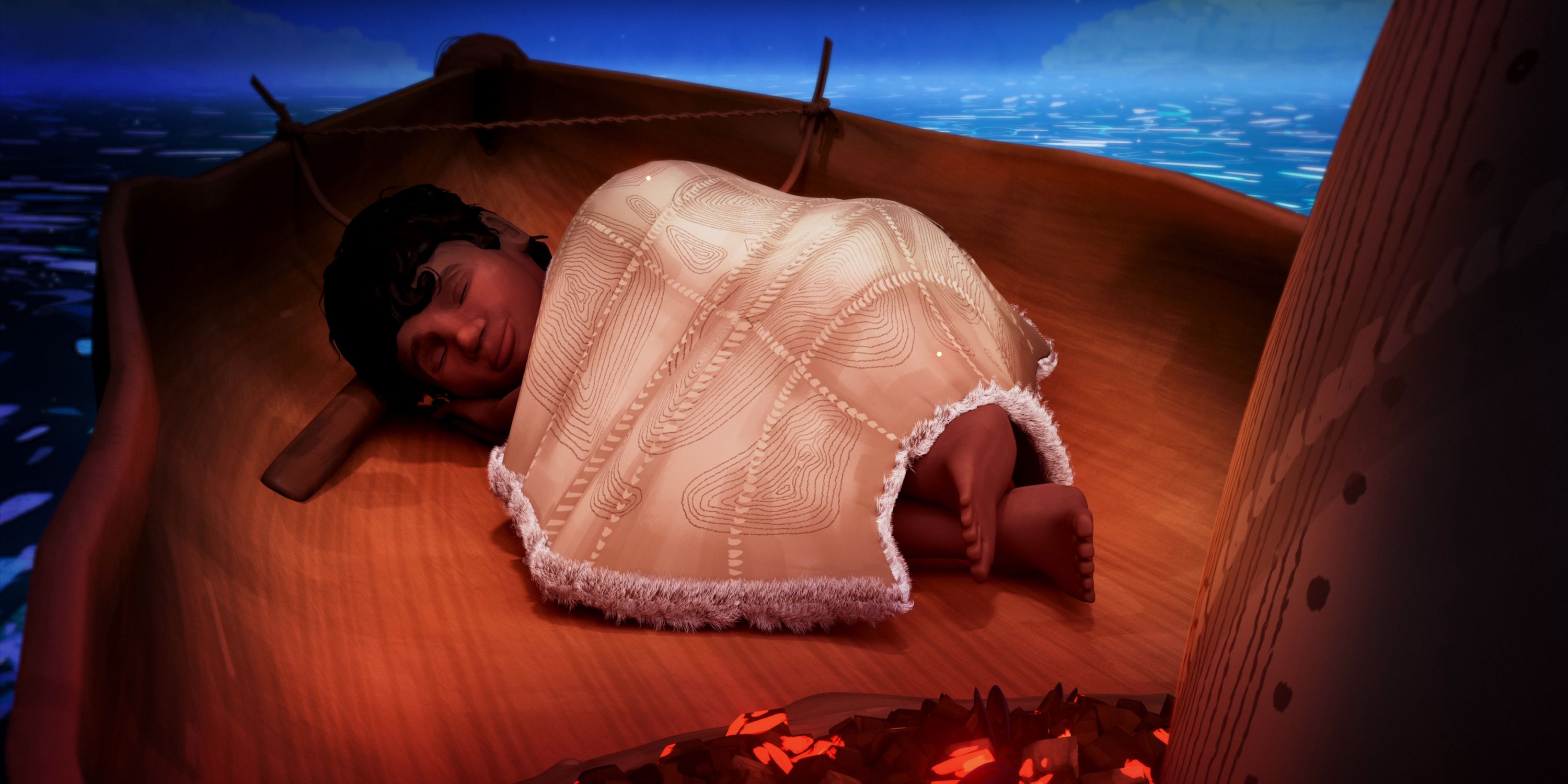 Still from animation, an Aboriginal boy is sleeping in a Nawi (bark canoe) covered by a possum skin cloak.