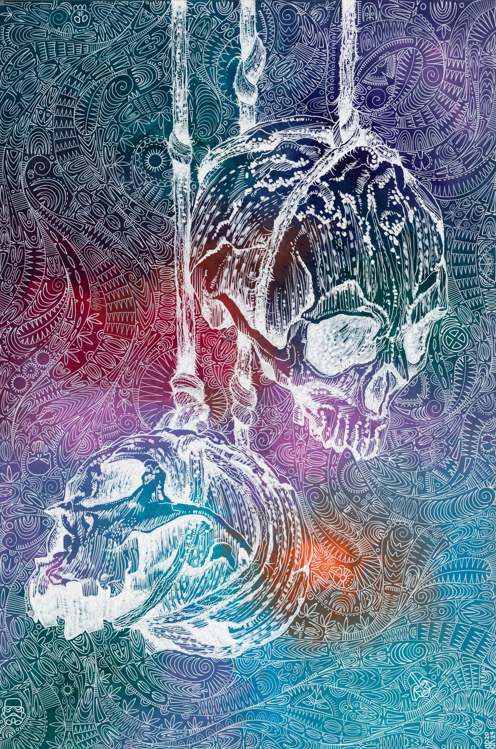 An artwork with white linework depicting 2 skulls and patterns on a colourful background. 