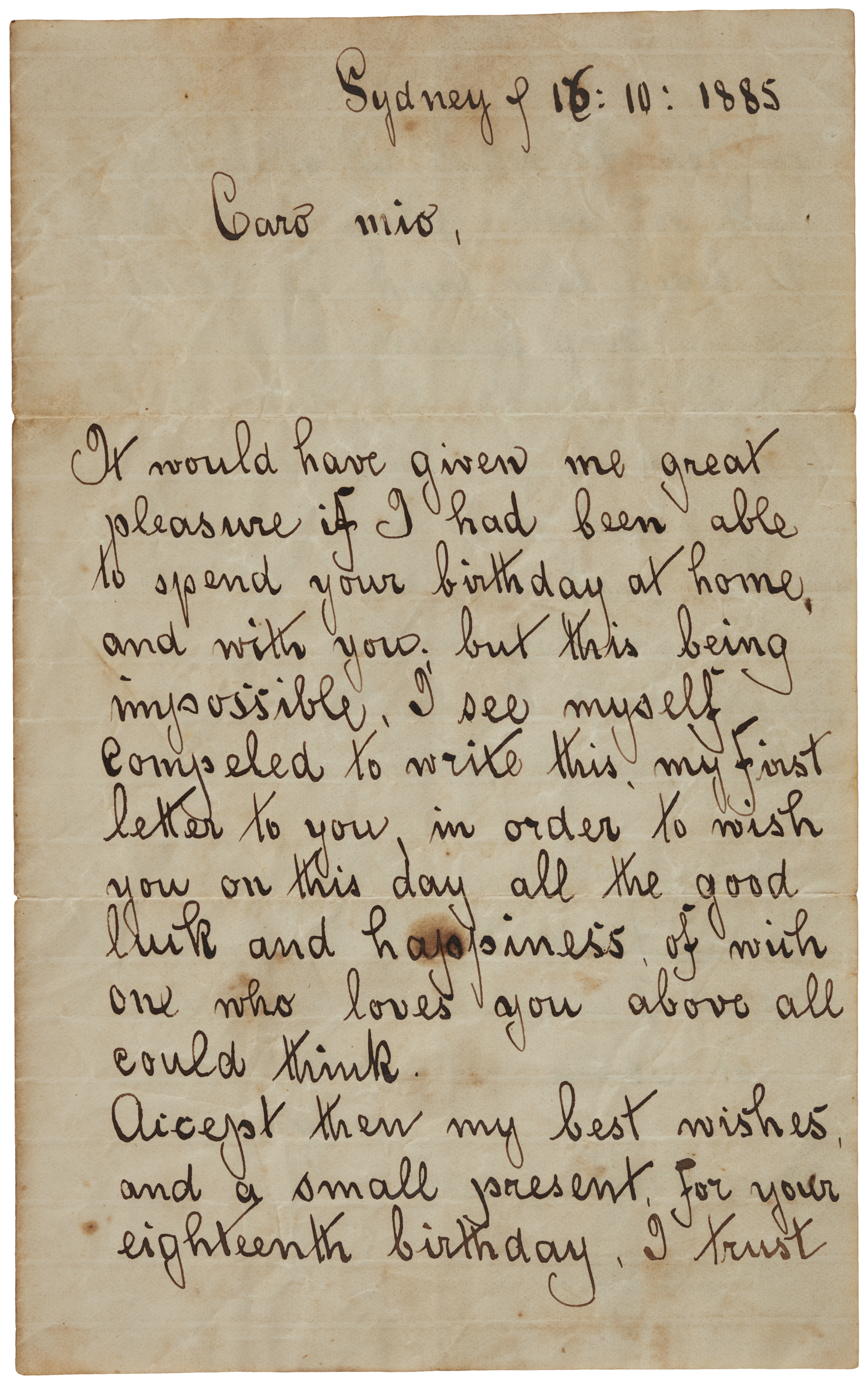 Love letter written in cursive a script on yellowing paper