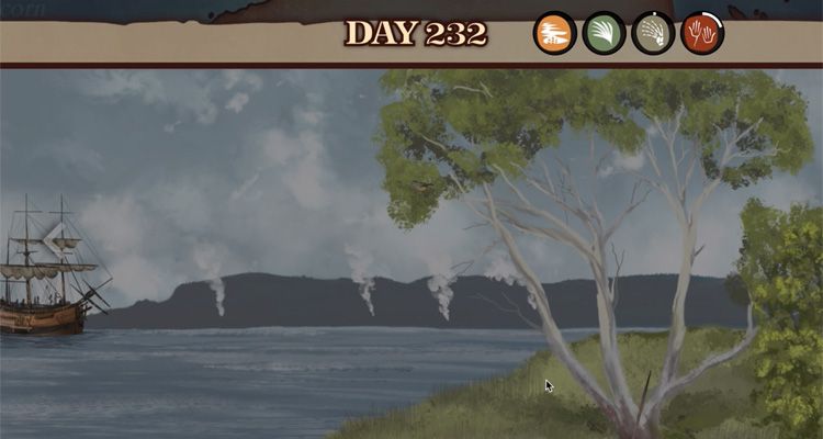 Screenshot from a video game showing an illustration of a shoreline with smoke rising in several places. There is a wooden tall ship to the left and a tree to the right.