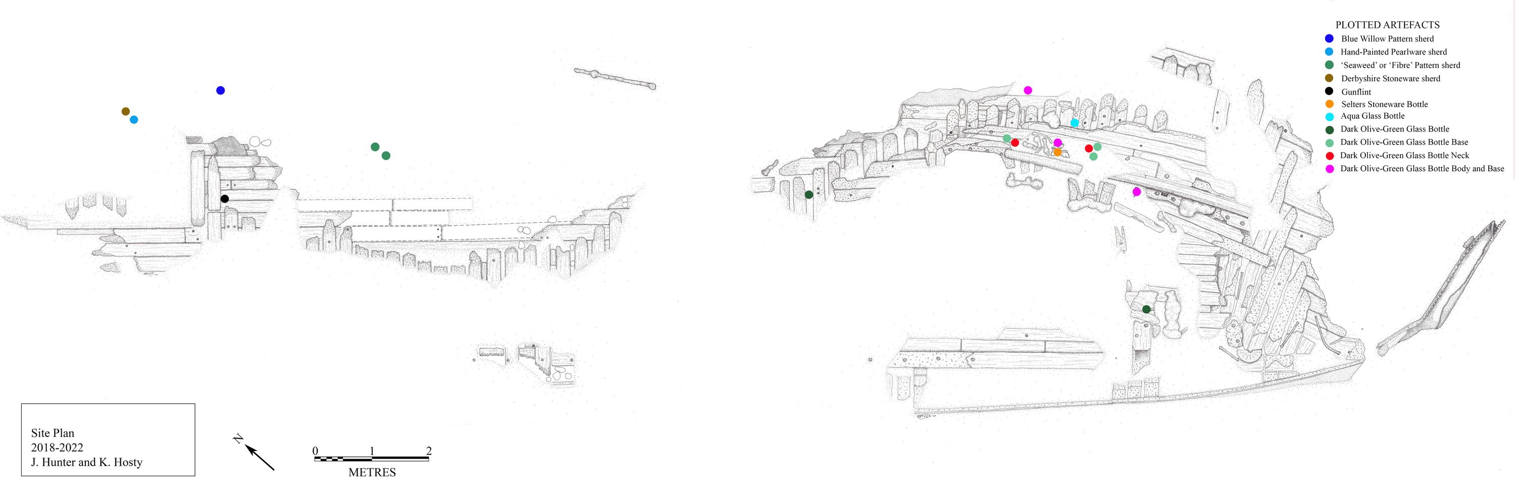 Line drawing of a shipwreck site, with coloured dots showing the locations where artefacts were found.