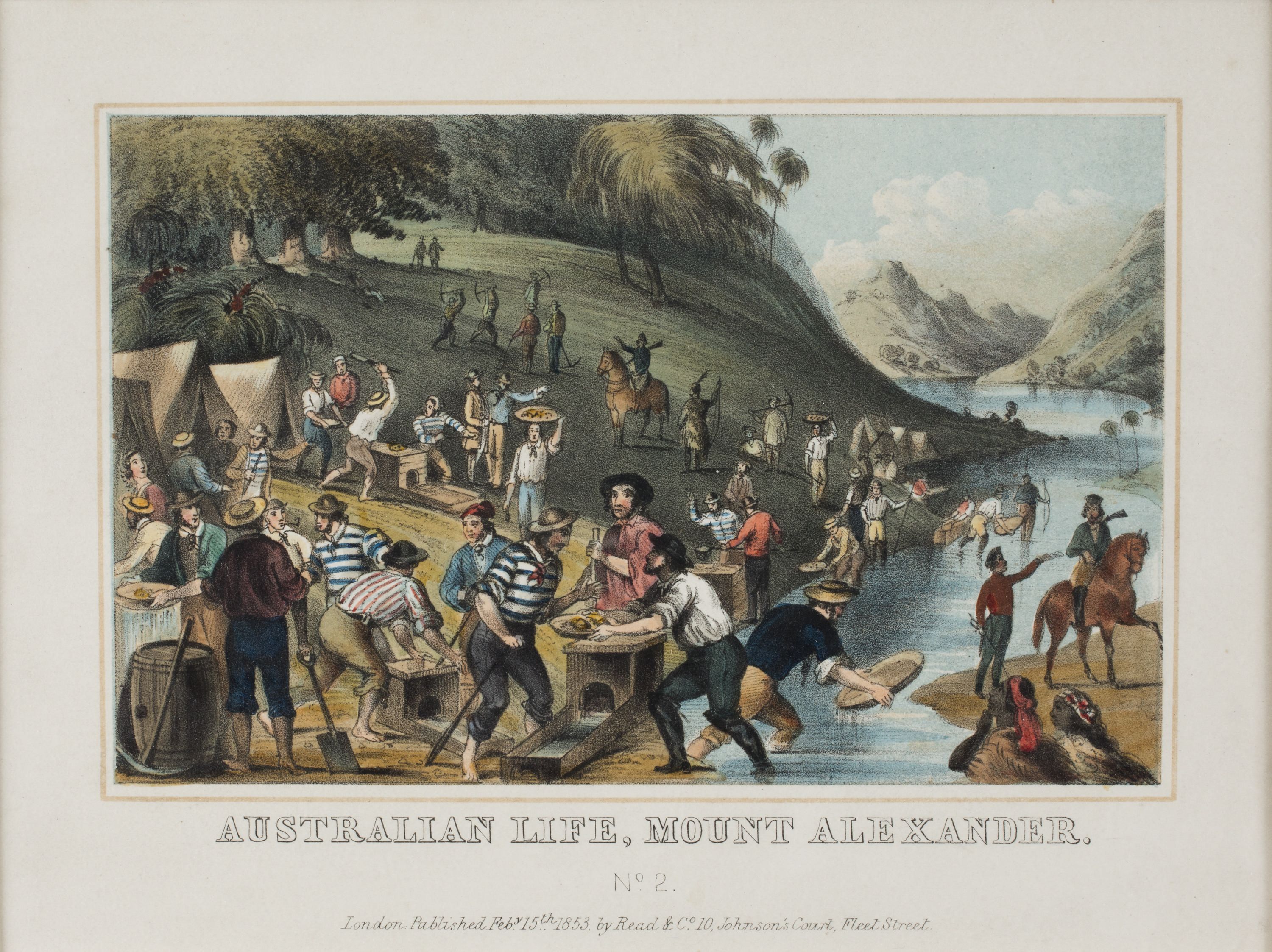 Coloured Lithograph showing many people at the gold diggings
