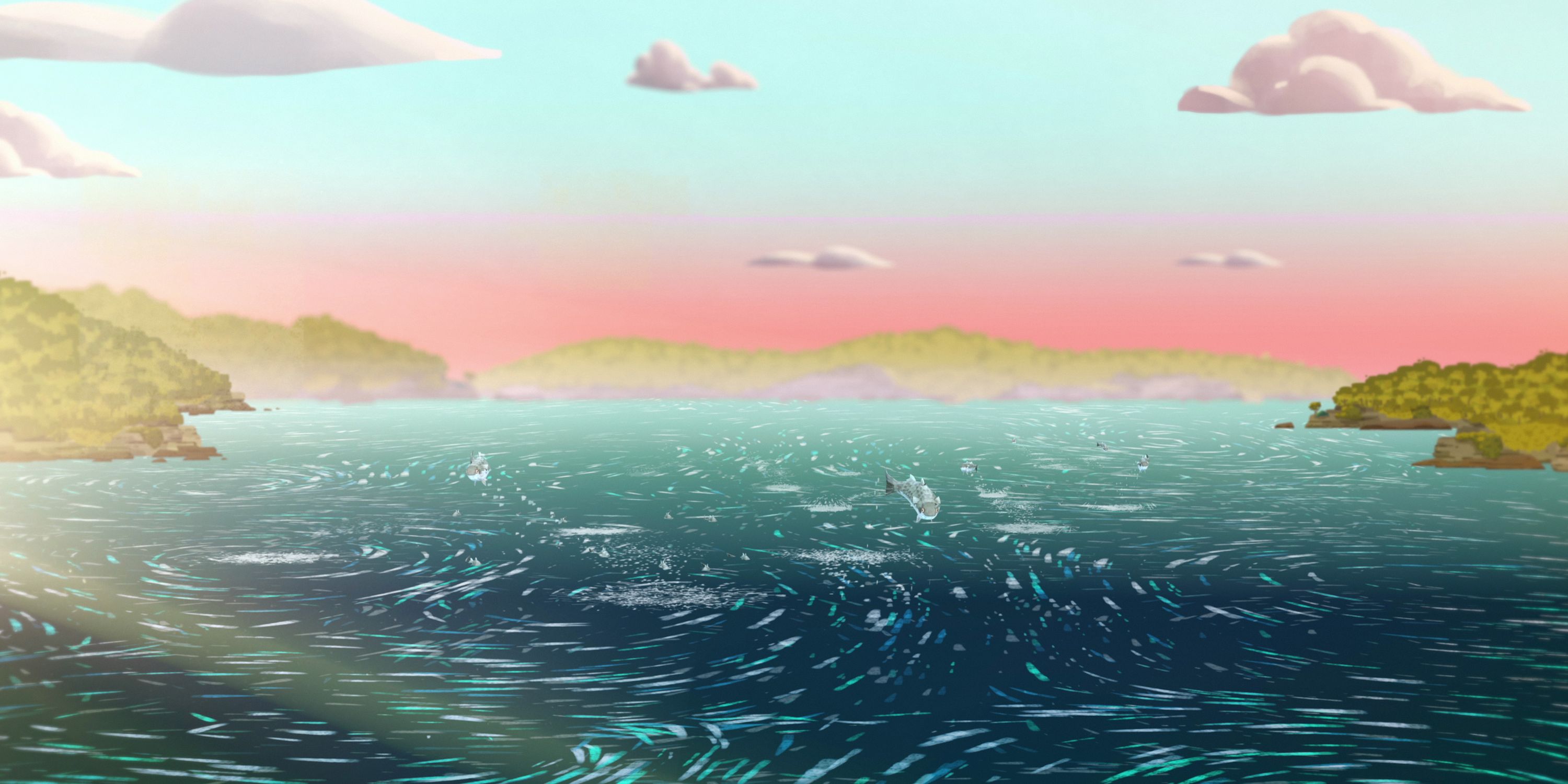 Still from animation, View over the harbour with fish swimming in the water.