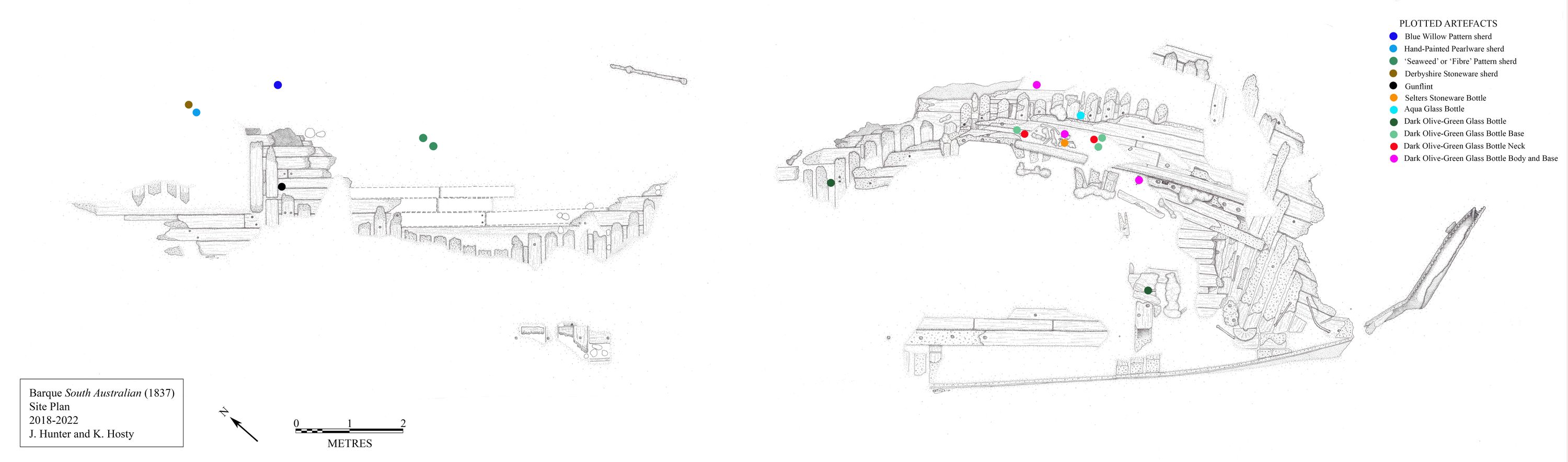 Siteplan line drawing with colour coded dots showing the locations where artefacts were found