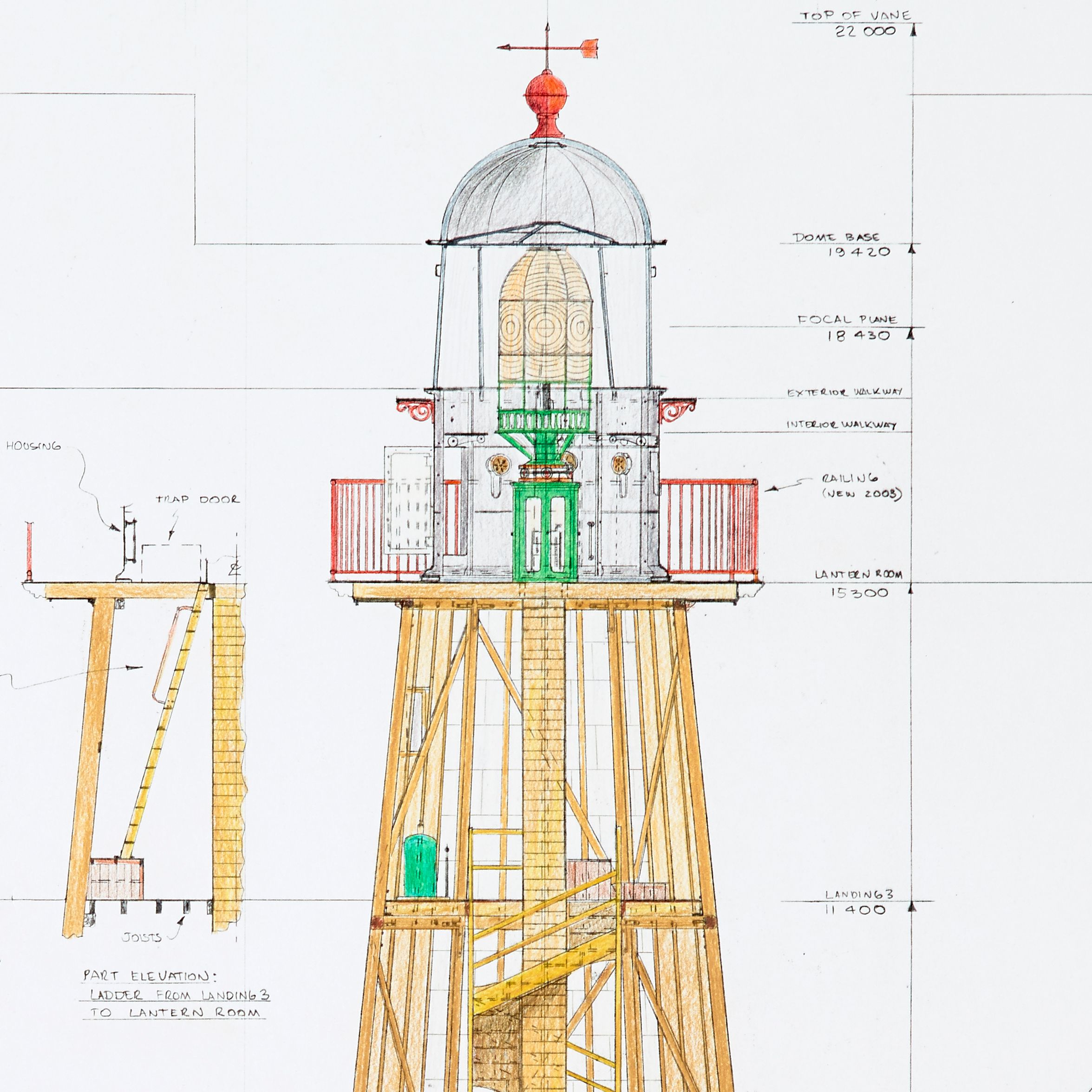 Hand drawn illustration showing inside the top of a lighthouse, with a winding staircase and light brown structure leading up to a green apparatus holding a golden yellow lens, inside a dome.