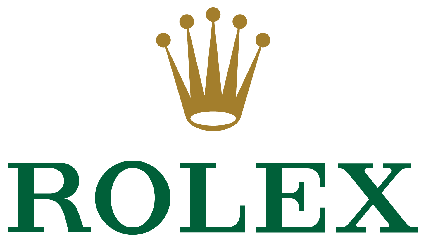 Logo with a gold crown above green text saying ROLEX
