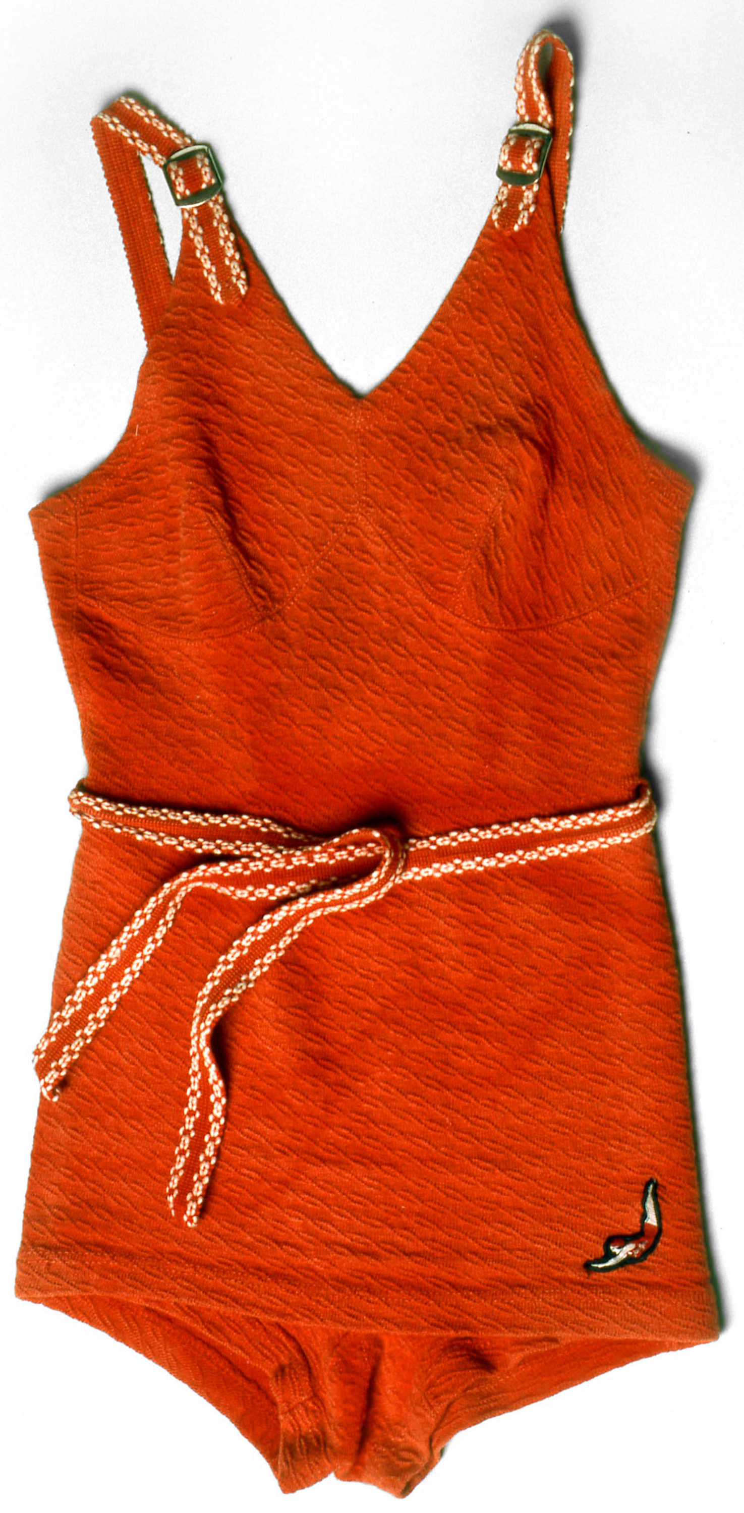 Orange one peice swimsuit with orange and white belt and straps.