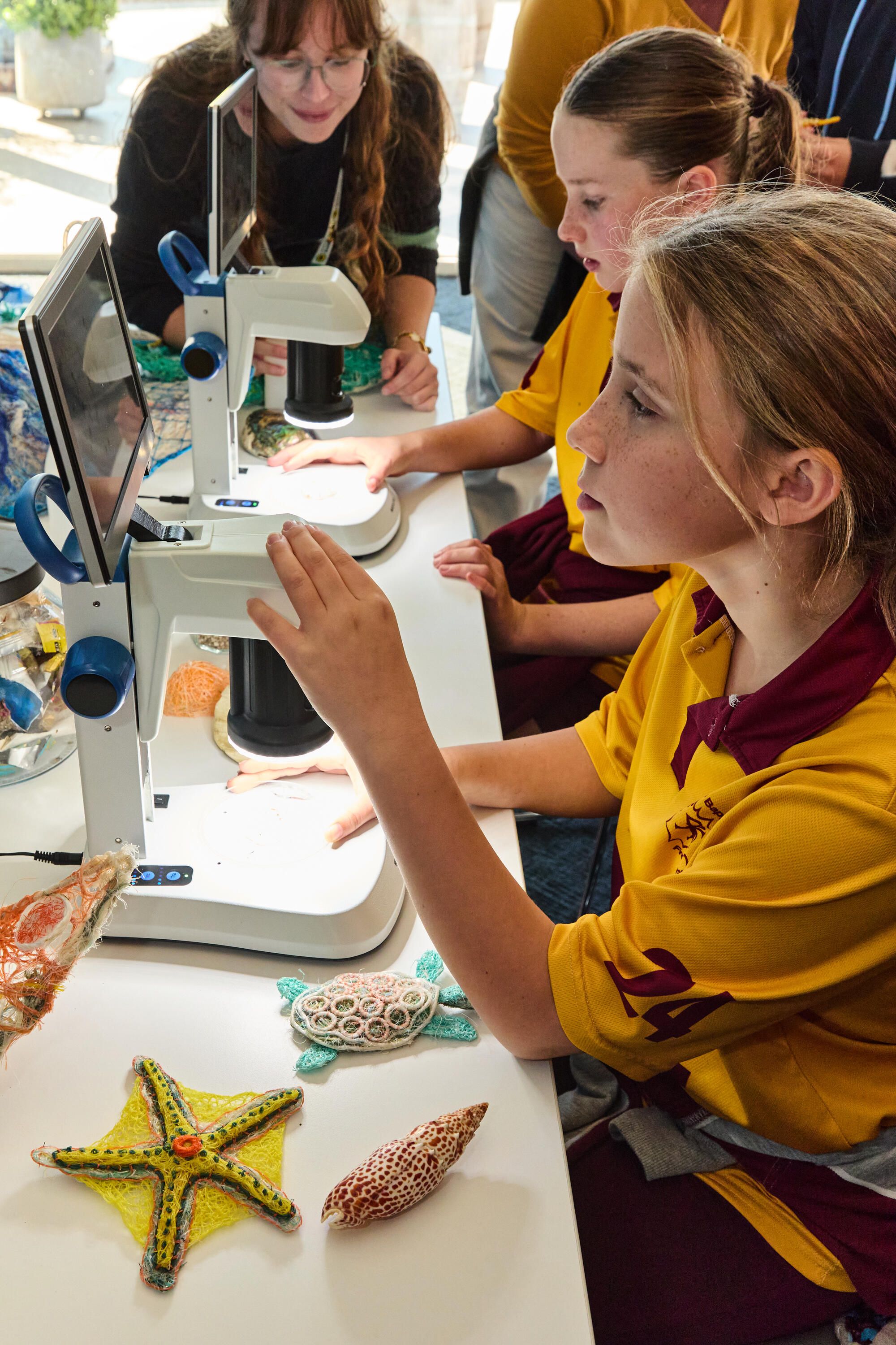 Students looking at a microscope with a screen
