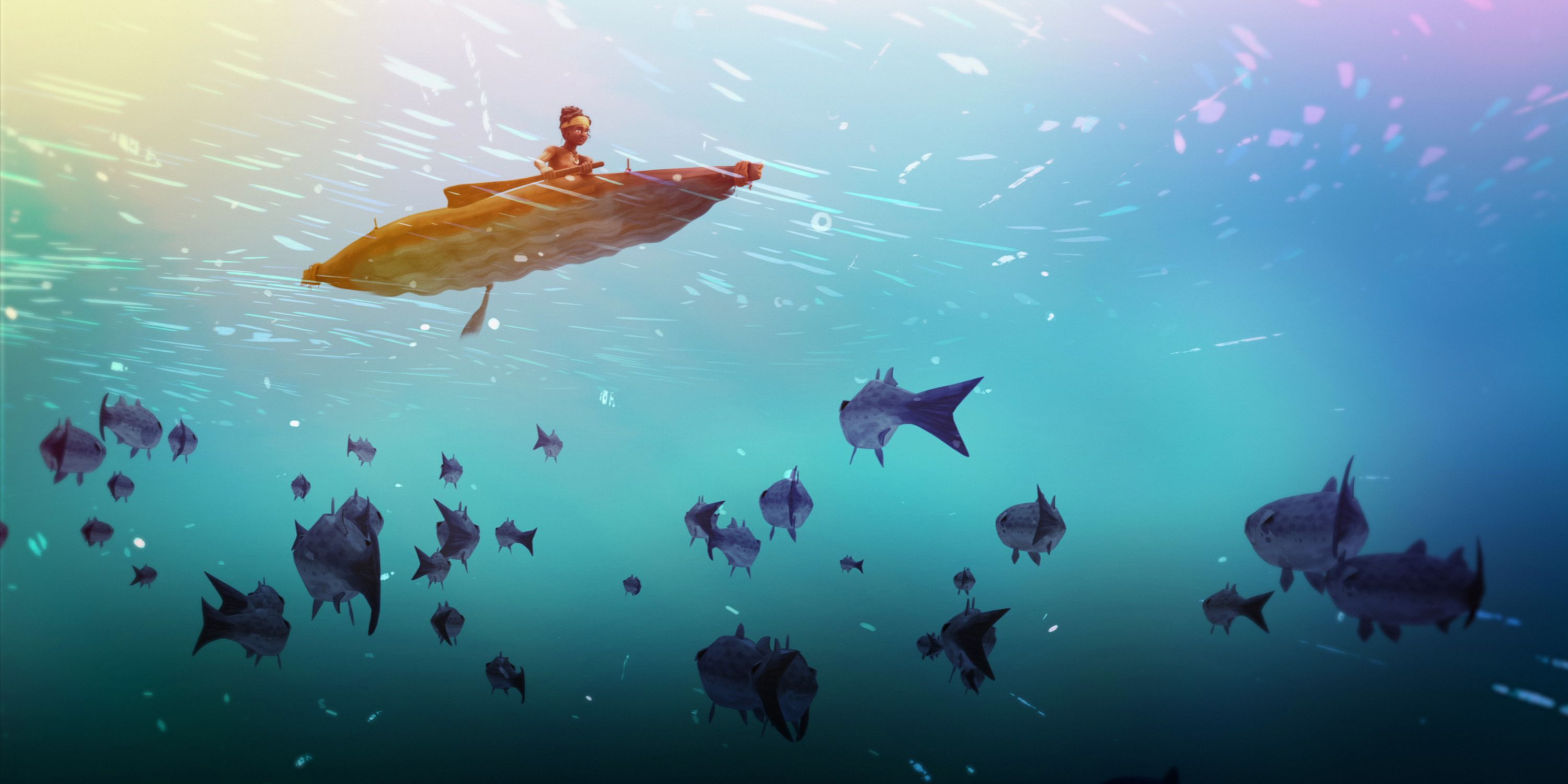 Still from animation, an underwater shot showing fish swimming towards a Nawi (bark canoe)