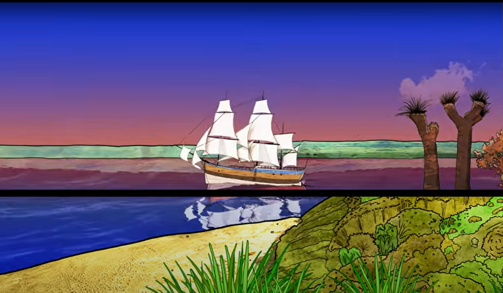 illustration of tall ship Endeavour with white sails