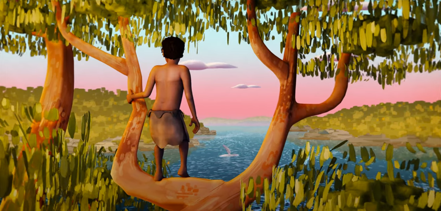 Animation, showing an Aboriginal boy standing in a tree overlooking water and trees.