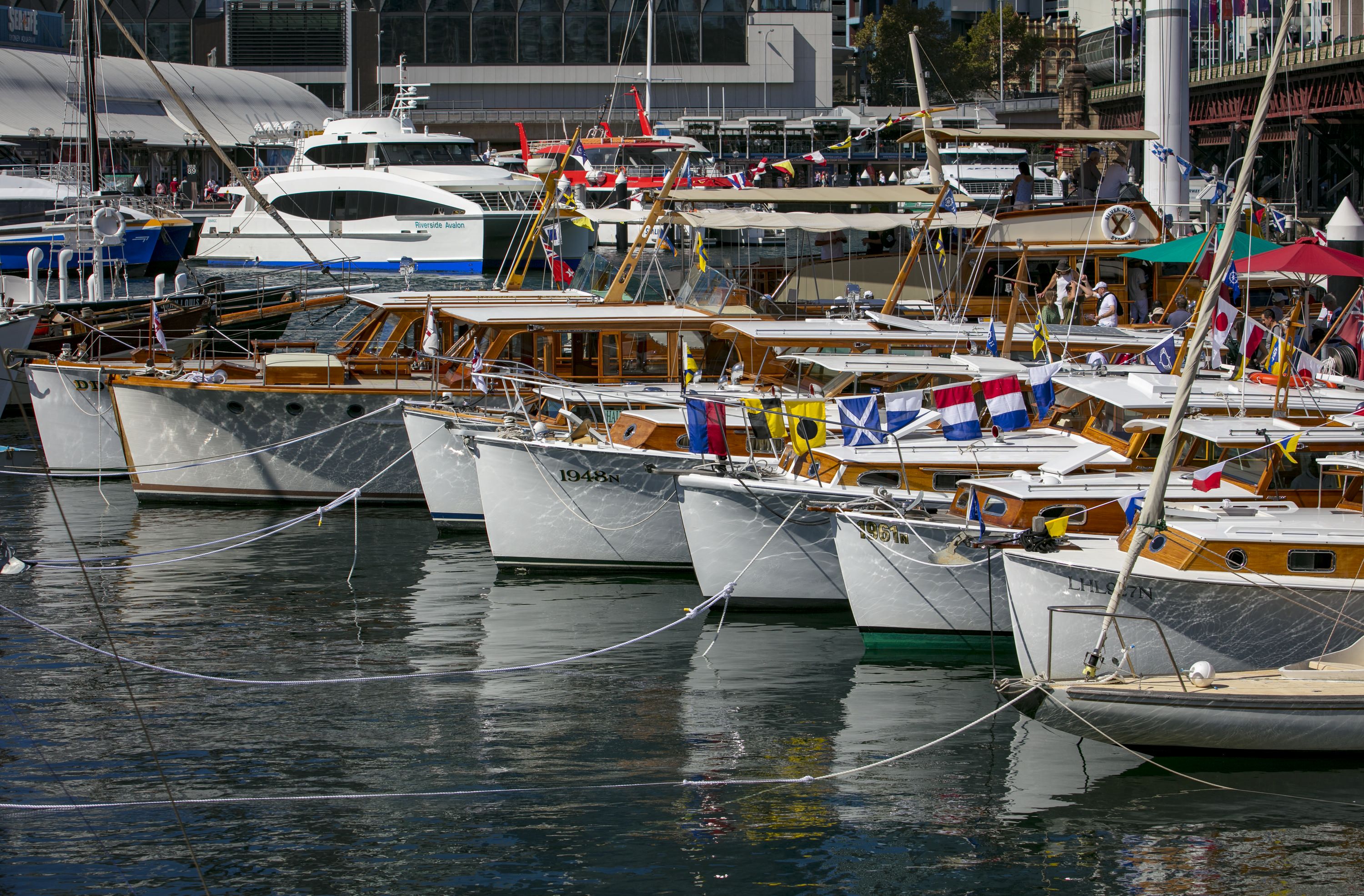 Photograph of a line of wooden boats with white hulls along a wharf. 