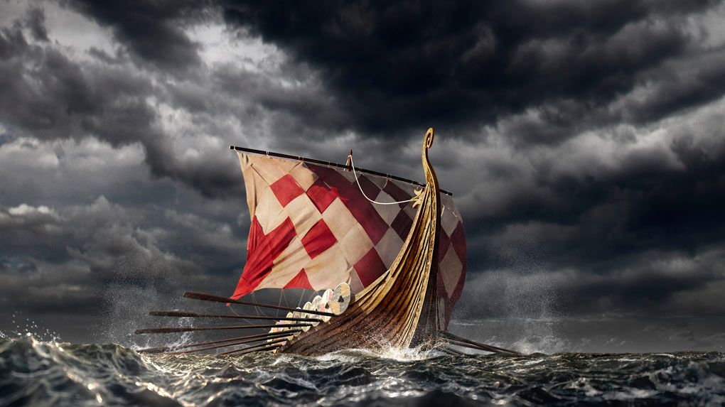 Illistration showing a ship with a red and cream sail against a dark, cloudy sky. 