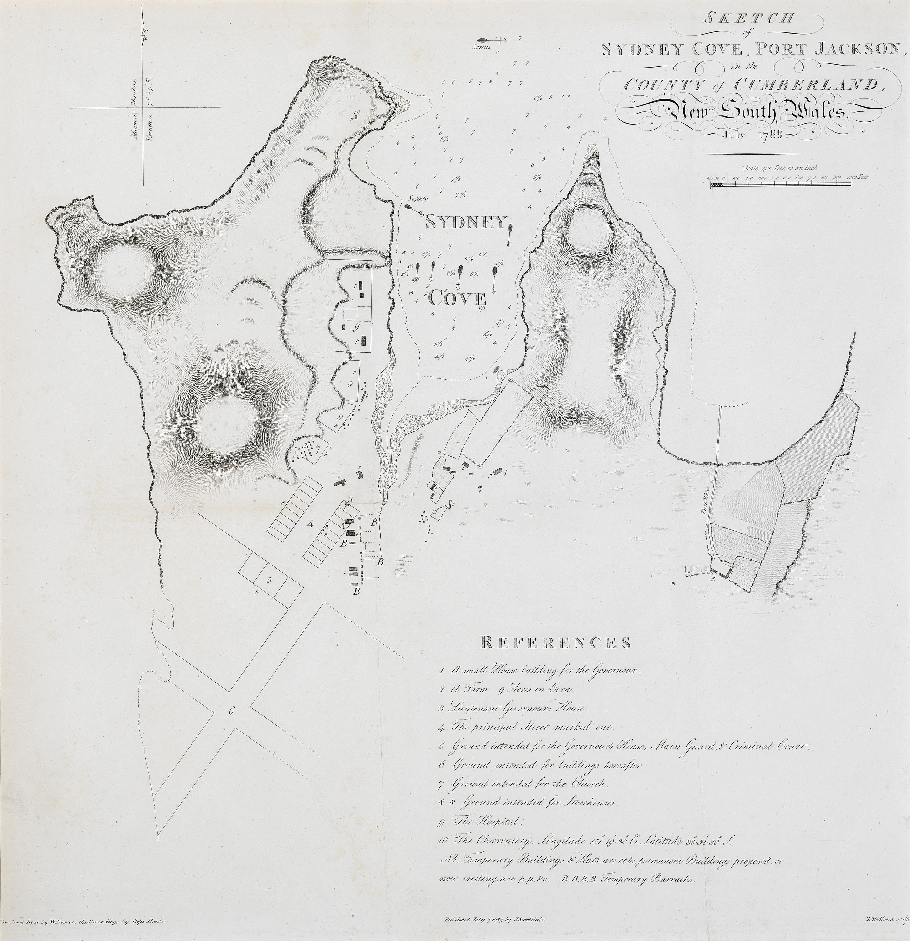 Chart titled 'Sketch of Sydney Cove, Port Jackson, in the county of Cumberland, New South Wales July 1788'.