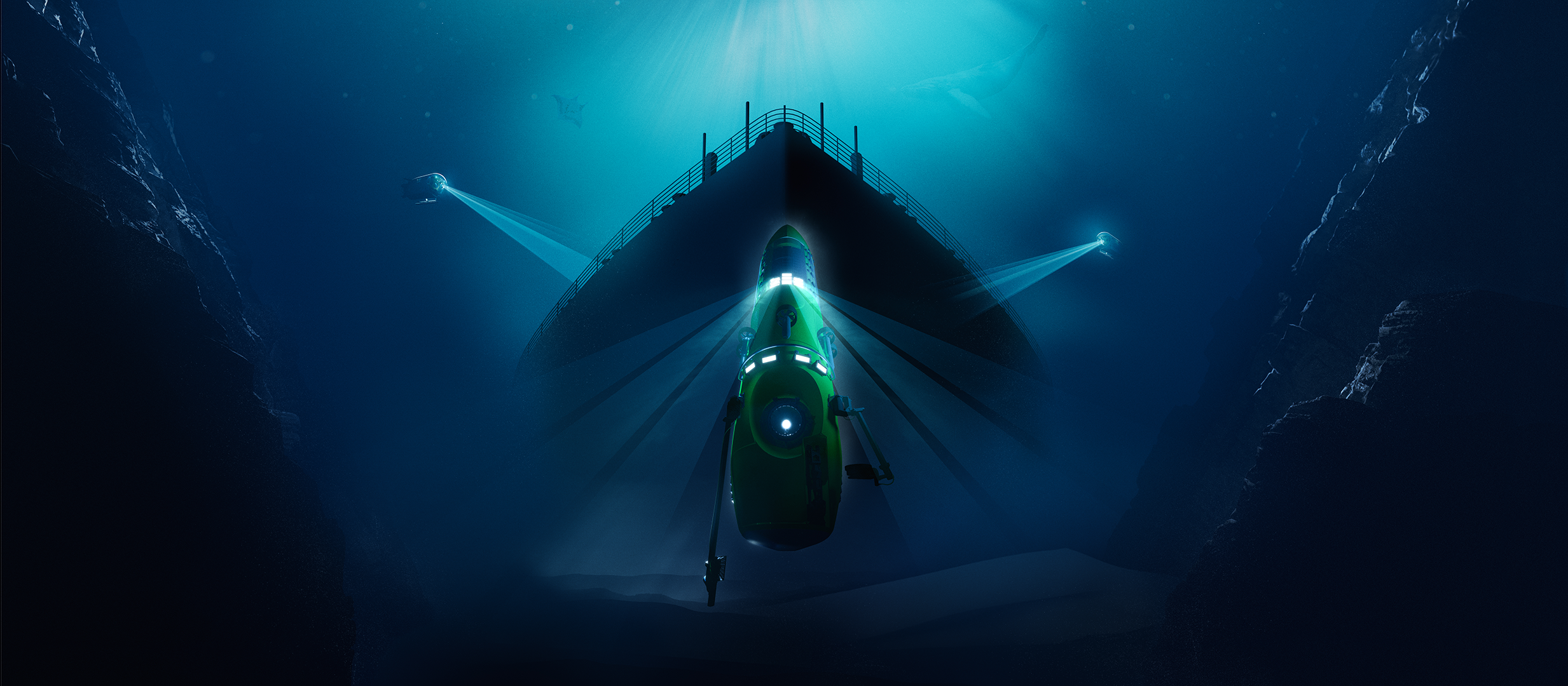 Digital illustration showing winderwater with a tall yellow green submarine with the bow of a ship (Titanic) behind it. 