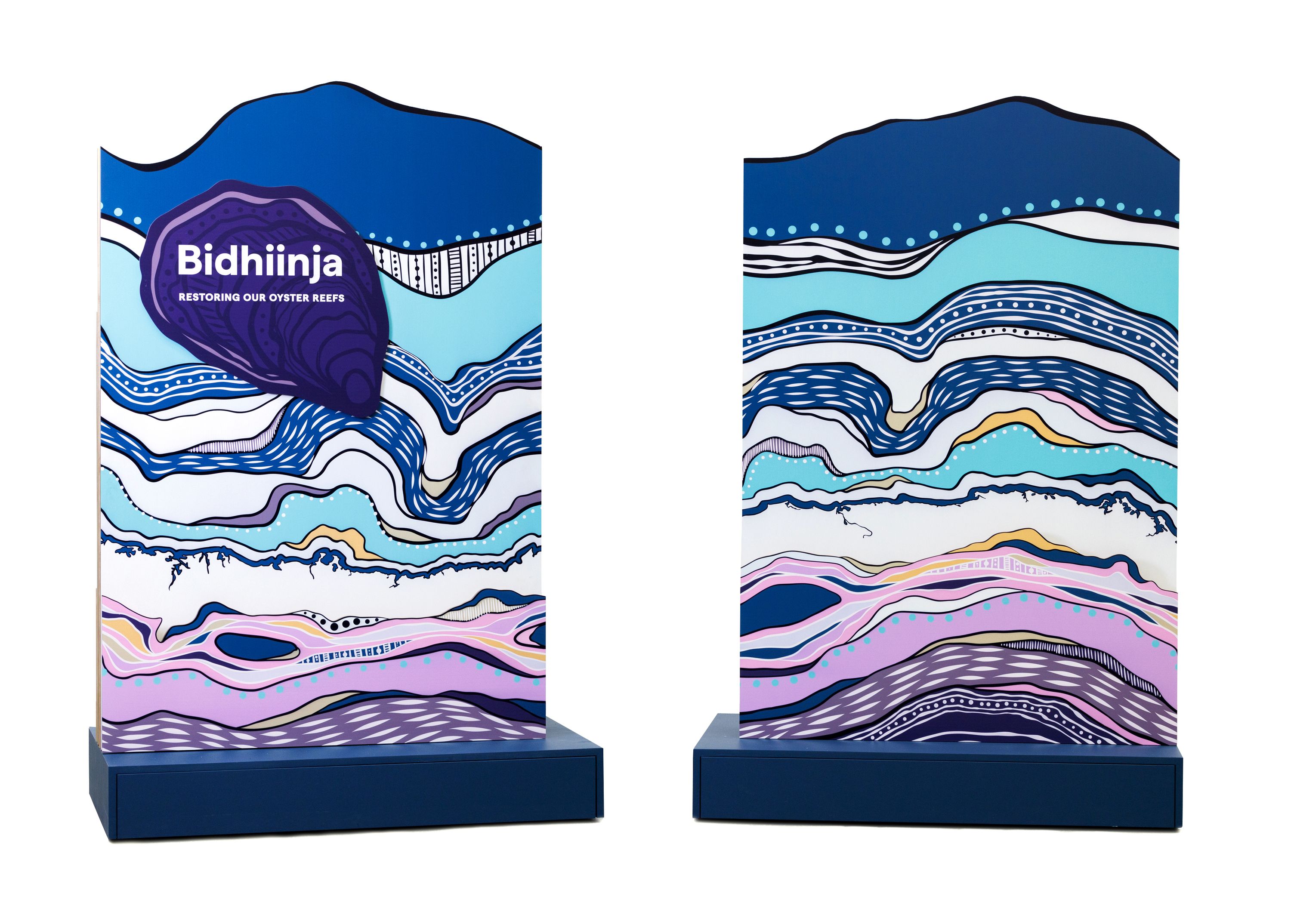 Two freestanding exhibition boards, featuring an artwork depicting multiple layers of blue, white and purple curved lines.