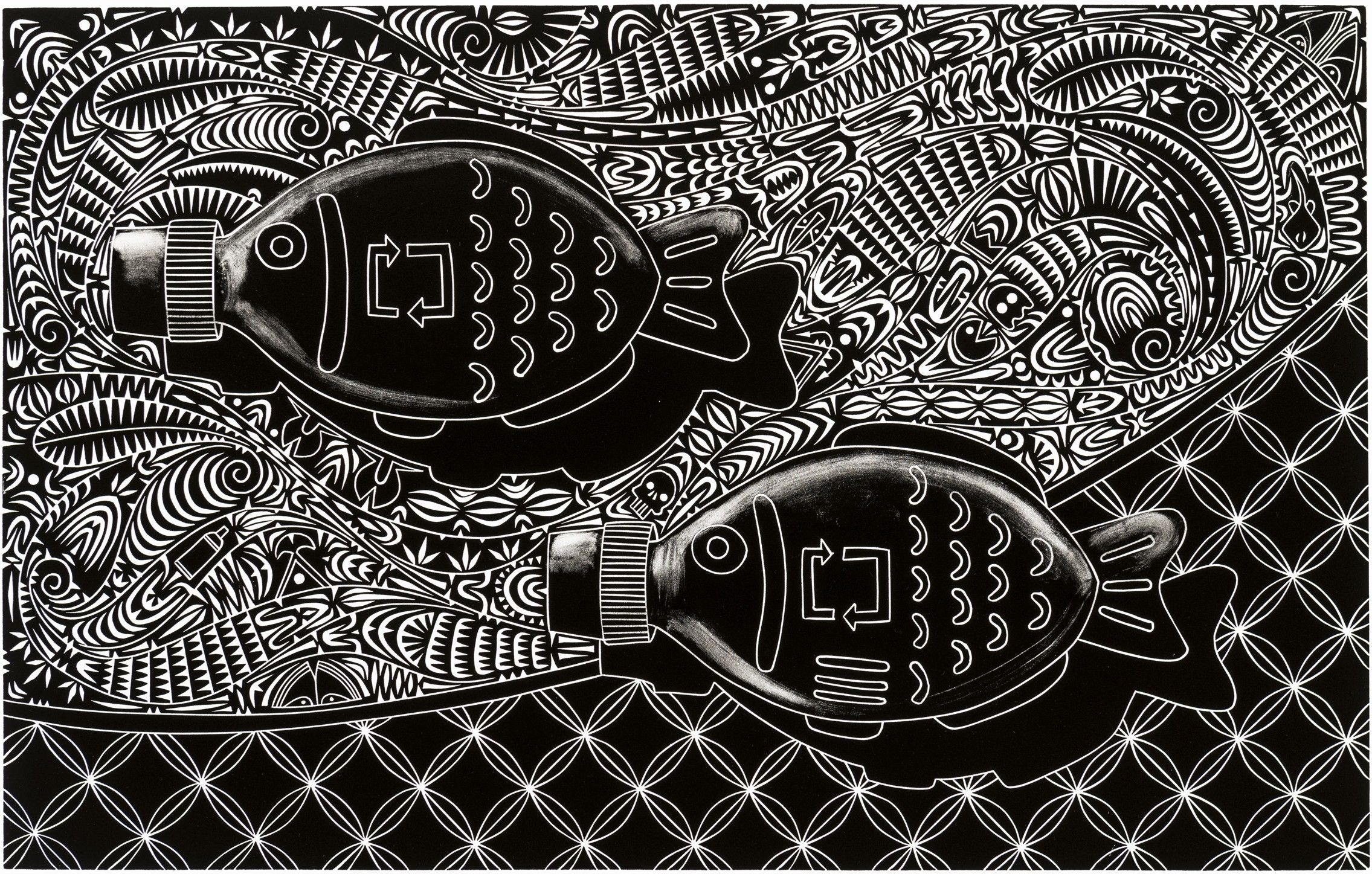 Artwork, a Black and white print depicting two plastic fish sauce containers with a patterned background.